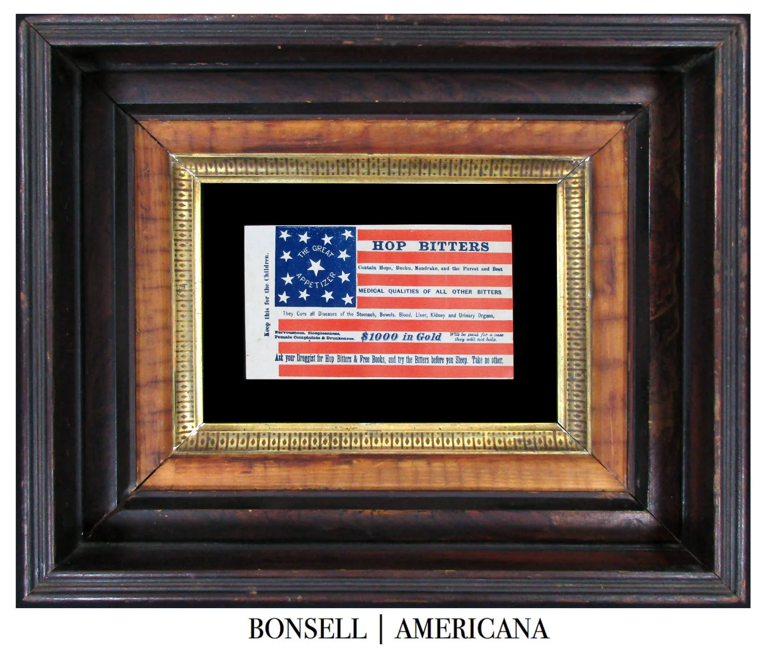 Framed 13 Star Antique Flag with a Hop Bitters Overprint