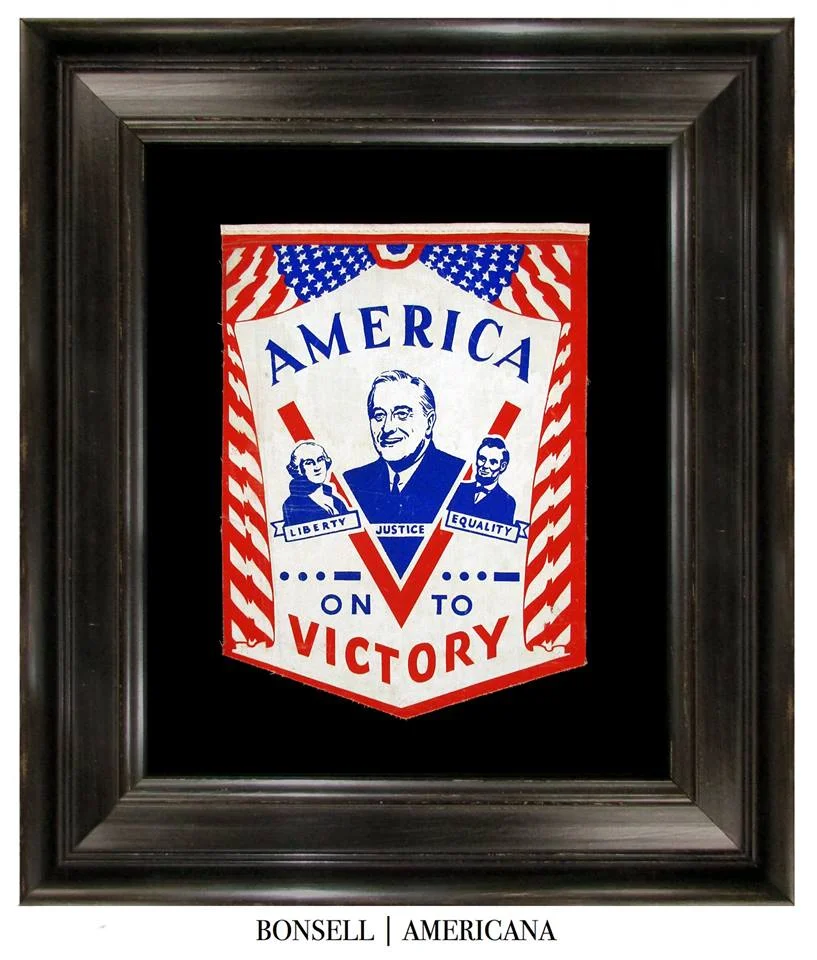 America V on to Victory Banner with Images of Washington, Roosevelt, and Lincoln