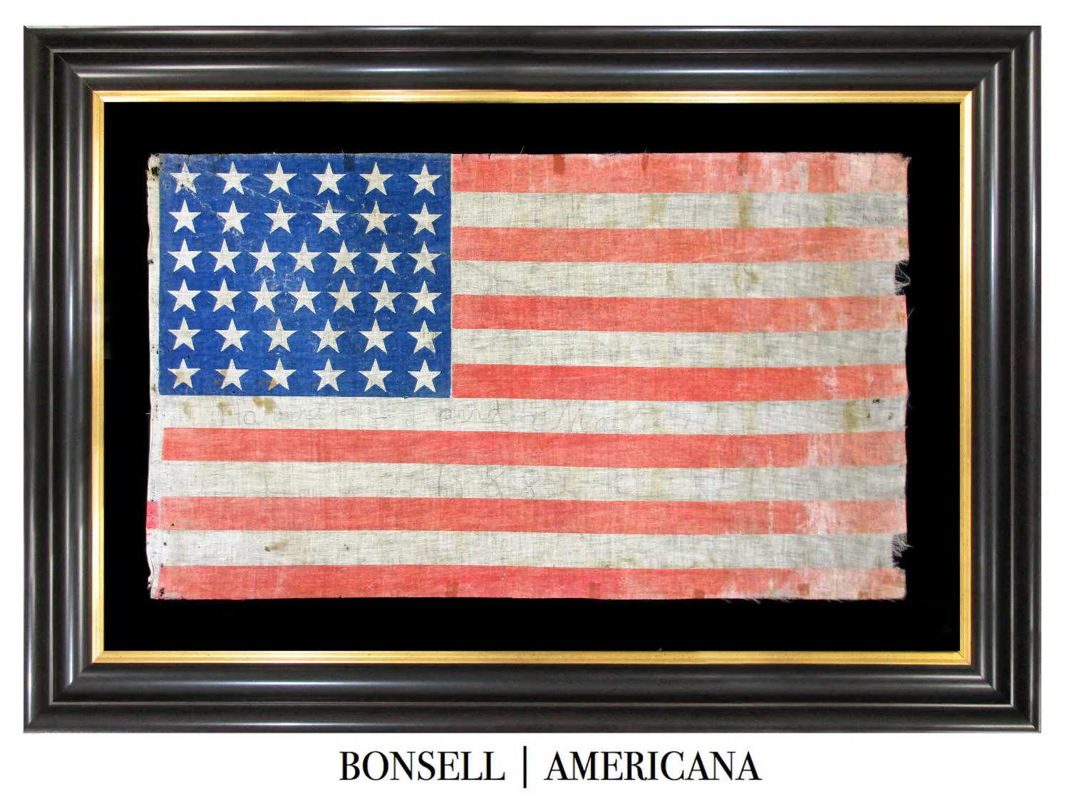 38 Star Antique US Flag with Handwritten Benjamin Harrison Campaign Overprint