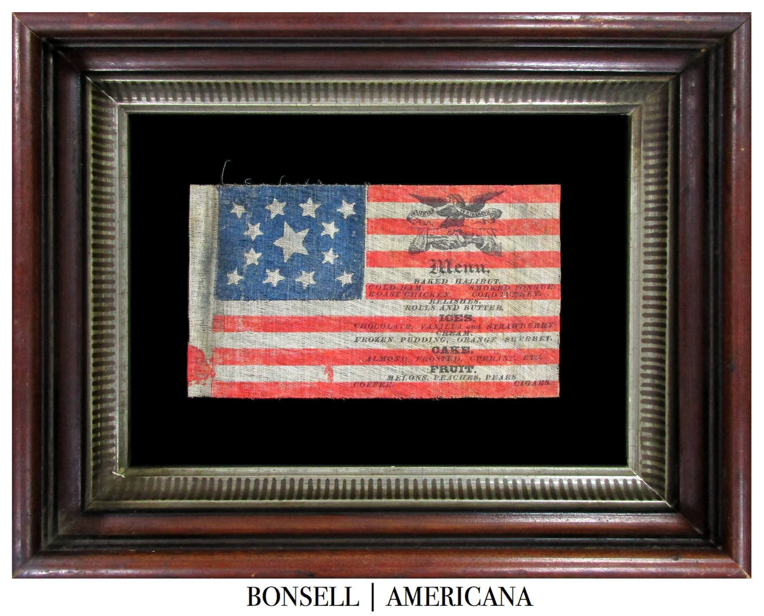 13 Star Antique US Flag with Overprinted Menu that Includes Smoked Tongue and Cigars | Likely Associated with the Grant Colfax Campaign