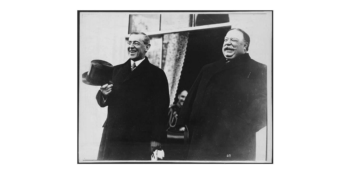 5. President Elect Wilson and President Taft, Standing Side-by-Side, Lauging, at the White House, Prior to Wilson's Inauguration Ceremonies 1913.png