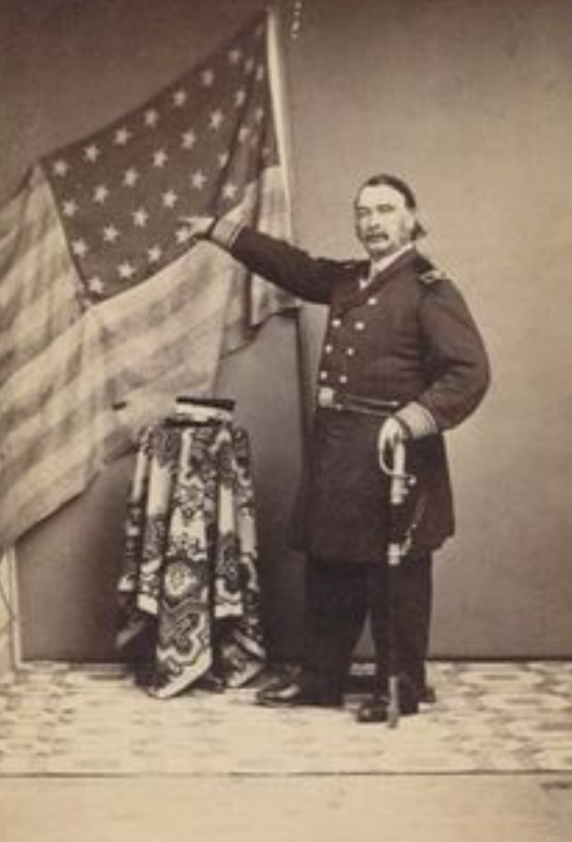 Interesting Photo with a Large Scale 34 Star Antique Flag | 32 Original Stars and 2 Additional Stars | Kansas Statehood | Circa 1858-1863