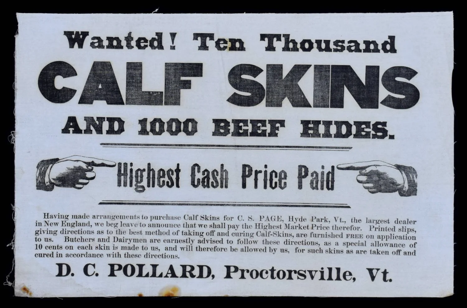 Terrific Textile Broadside | WANTED! TEN THOUSAND CALF SKINS AND 1000 BEEF HIDES | Likely the Only Remaining Example | Circa 1875-1880