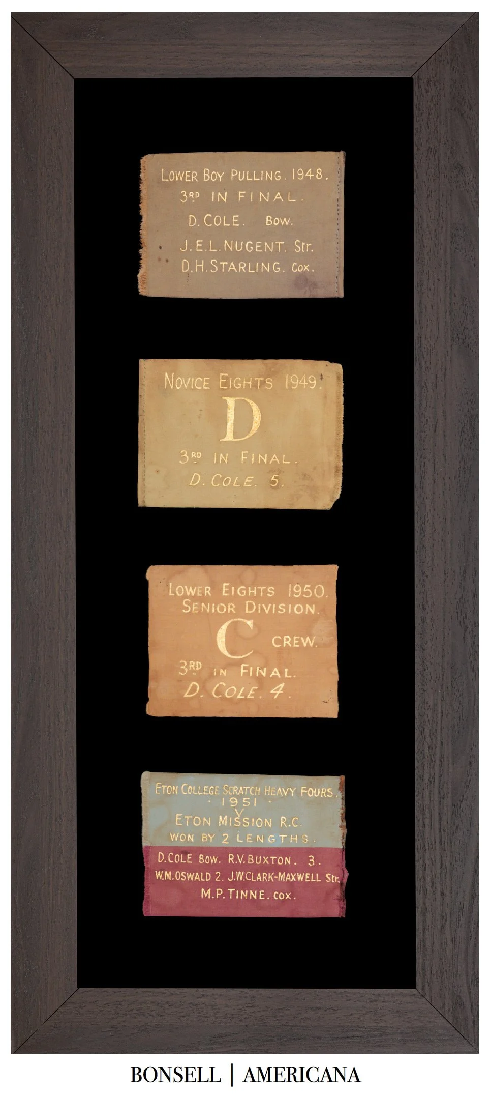 British Schoolboy Rowing Flags | Group of Four Documenting Student D. Cole’s Progression | A Classic Gentleman’s Sporting Relic | Circa 1948–1951