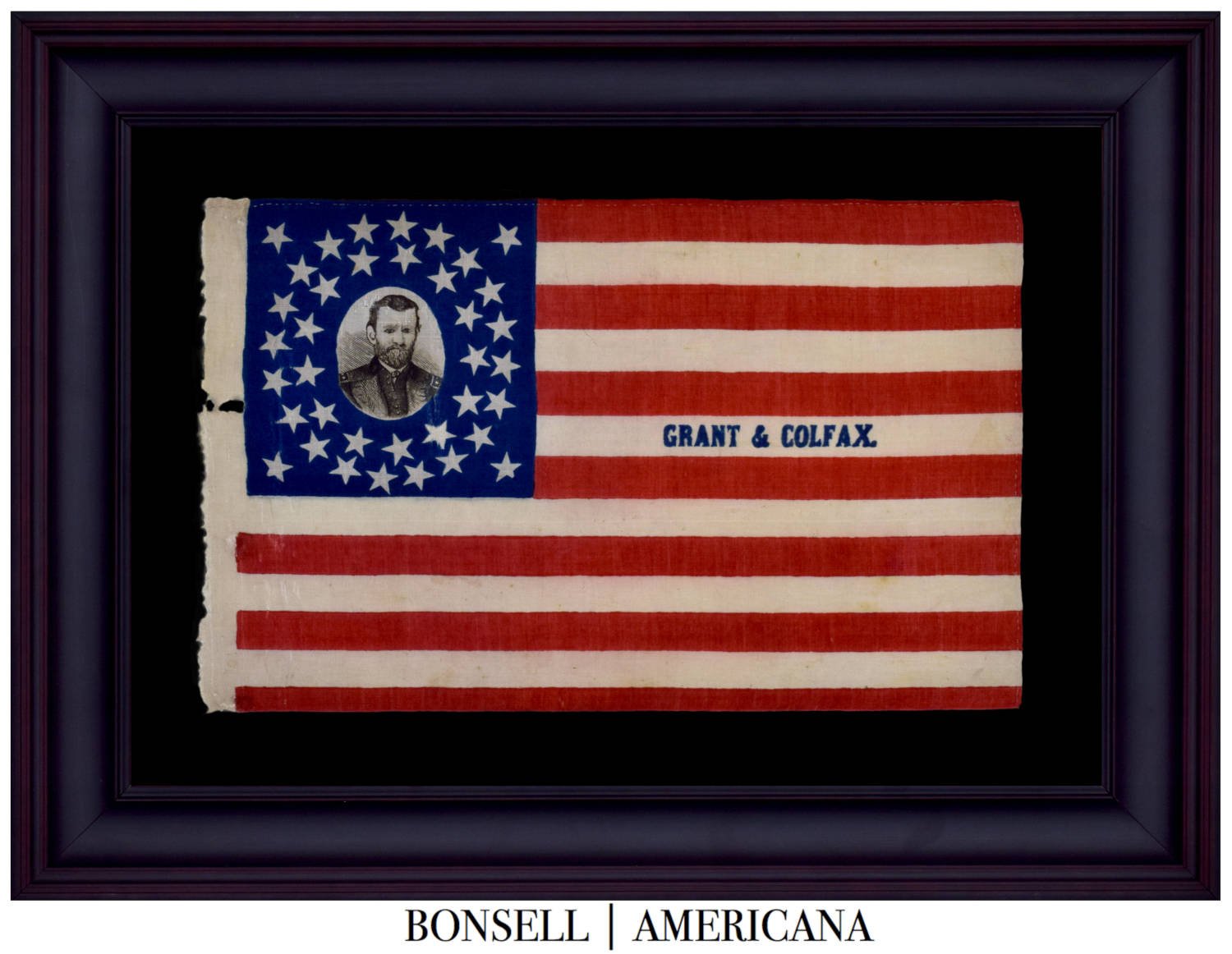 Scarce and Spectacular Ulysses S. Grant and Schuyler Colfax Campaign Flag | Features a Medallion of Stars and Portrait of Grant Therein | One of the Finest Flags in Existence | Circa 1868