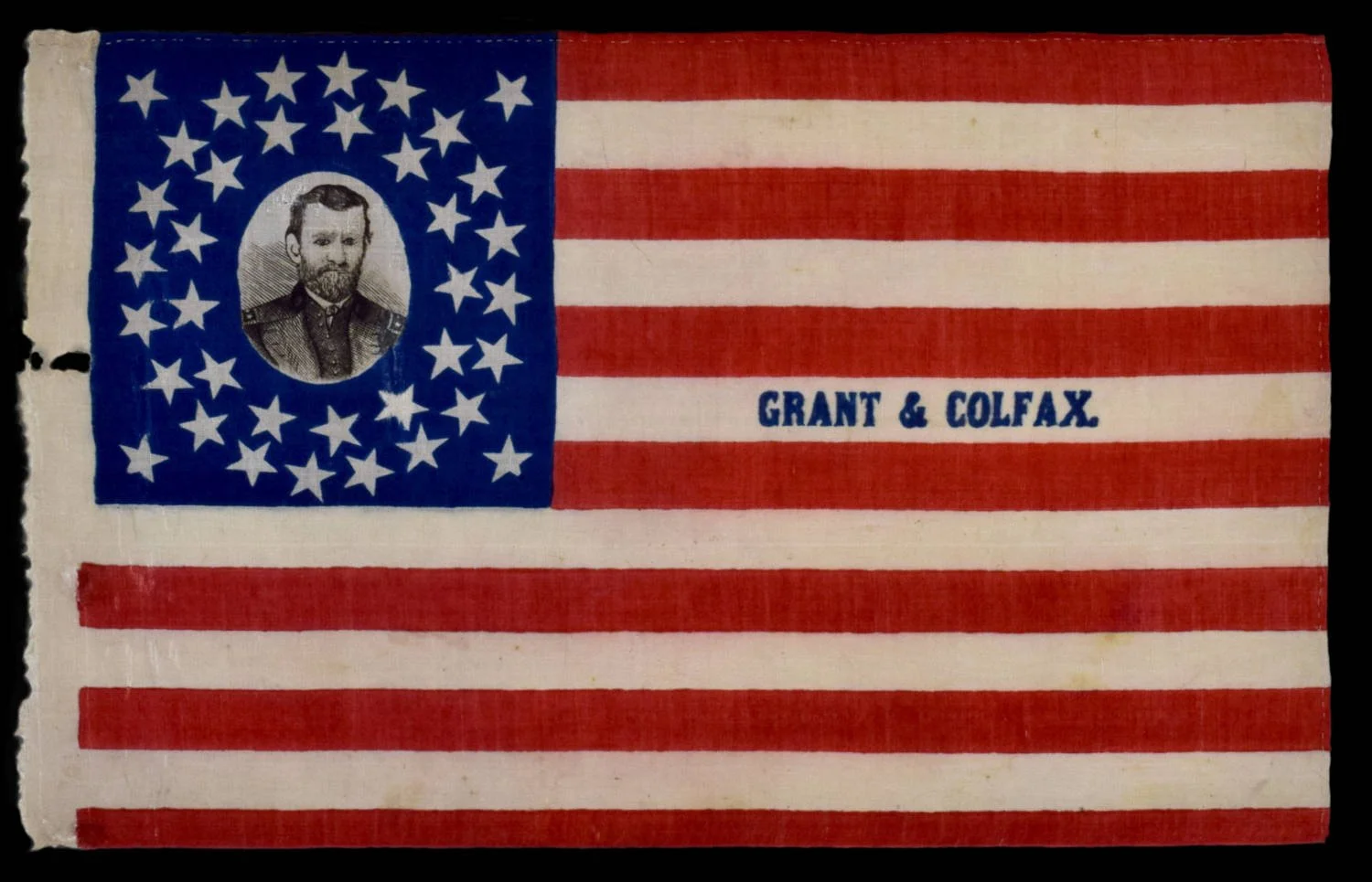 Scarce and Spectacular Ulysses S. Grant and Schuyler Colfax Campaign Flag | Features a Medallion of Stars and Portrait of Grant Therein | One of the Finest Flags in Existence | Circa 1868
