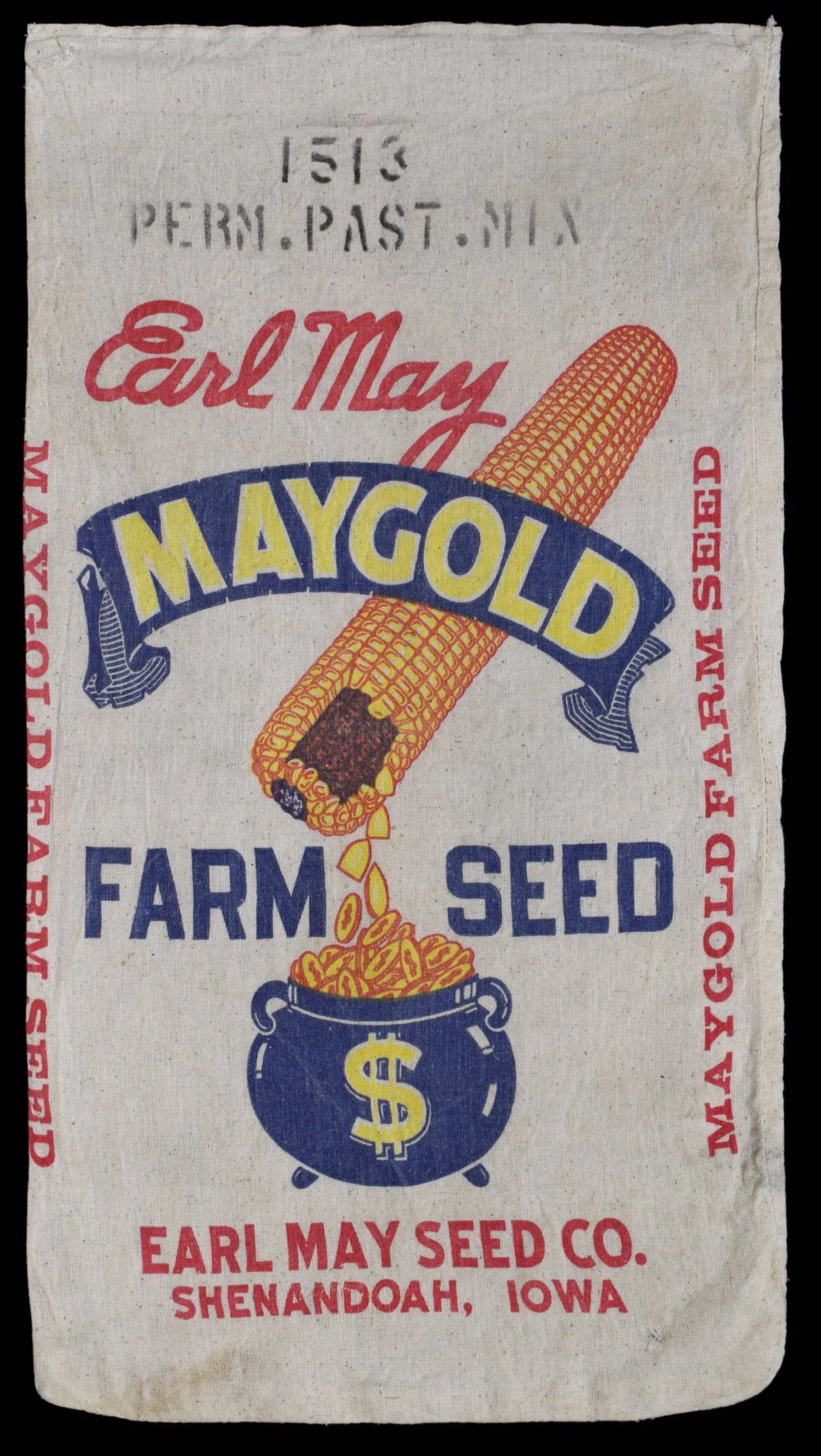 Vintage Earl May Farm Seed Sack | Includes a Wonderful Graphic of Kernels Falling and Transitioning into Gold Coins | Circa 1950-1960