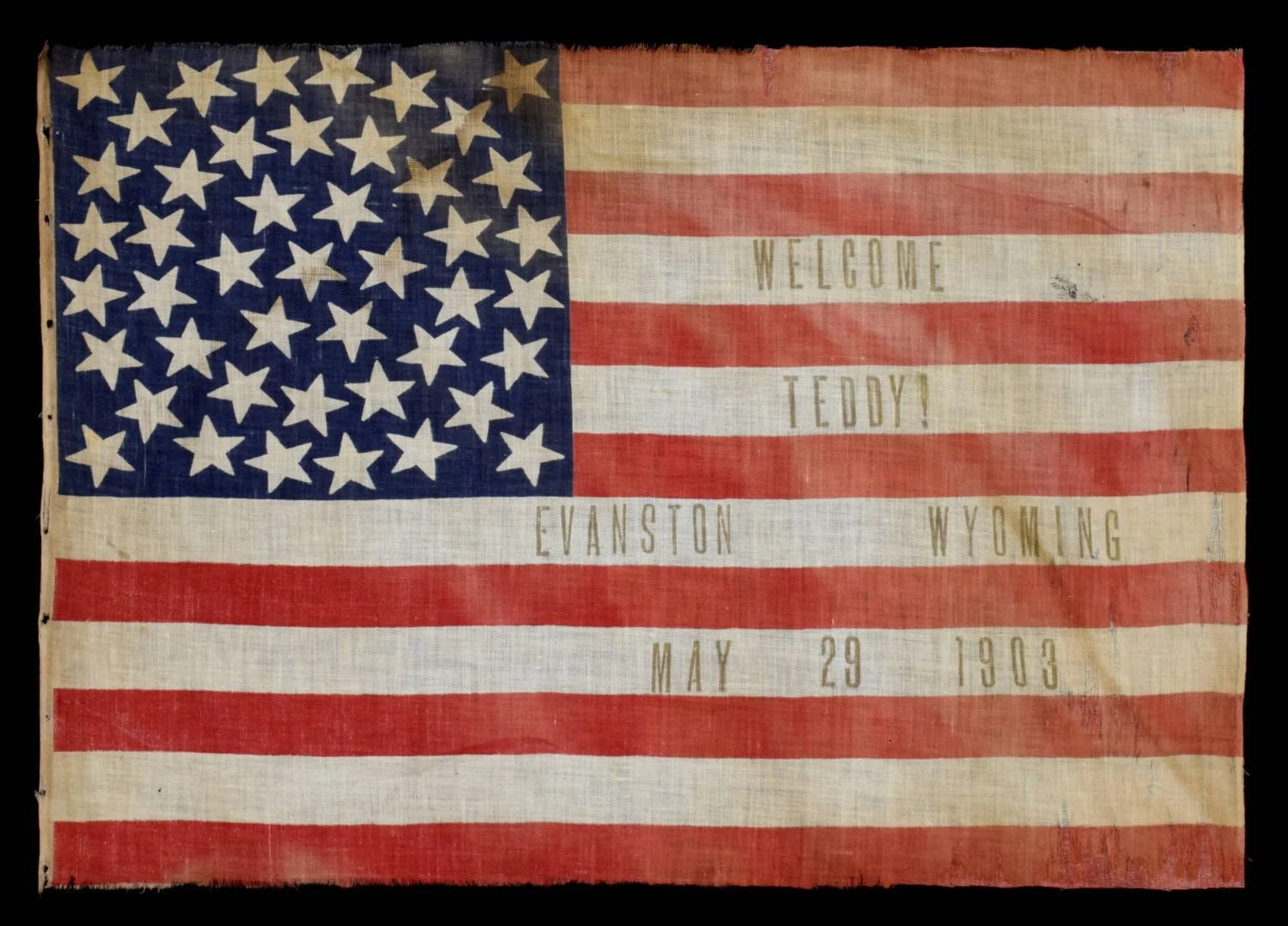 45 Star Antique American Flag with a Medallion Configuration | Made to Welcome President Roosevelt to Evanston, Wyoming | The Only Example We Have Encountered | Circa 1903