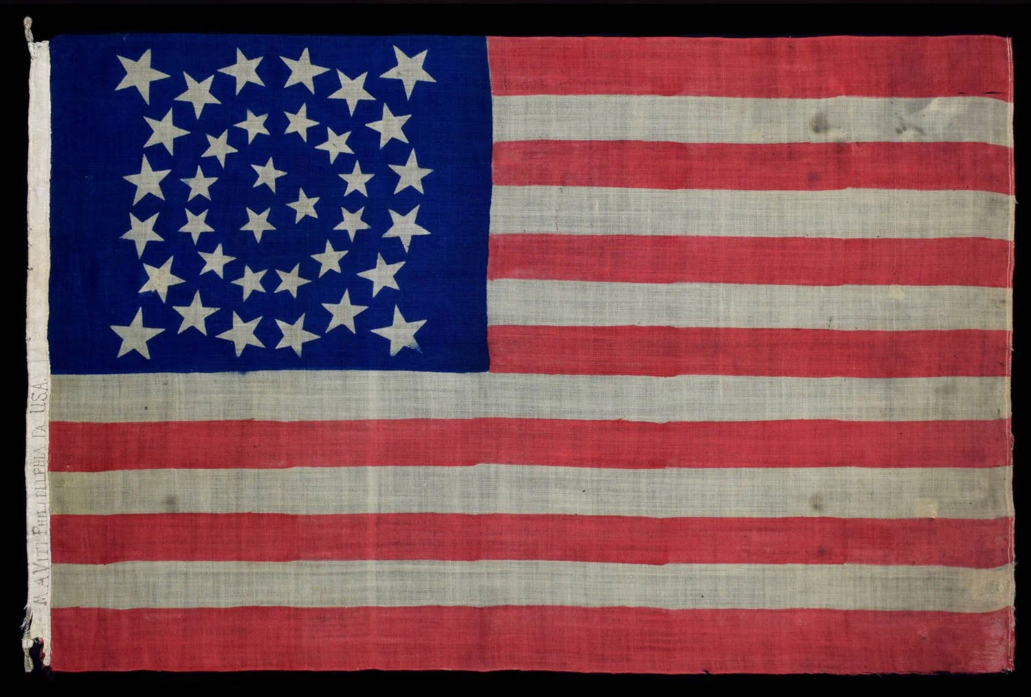 35 Star Antique Flag with an Unusual and Outstanding Medallion Configuration | Owned by Prominent Attorney Marcel A. Viti | West Virginia Statehood | Circa 1863-1865