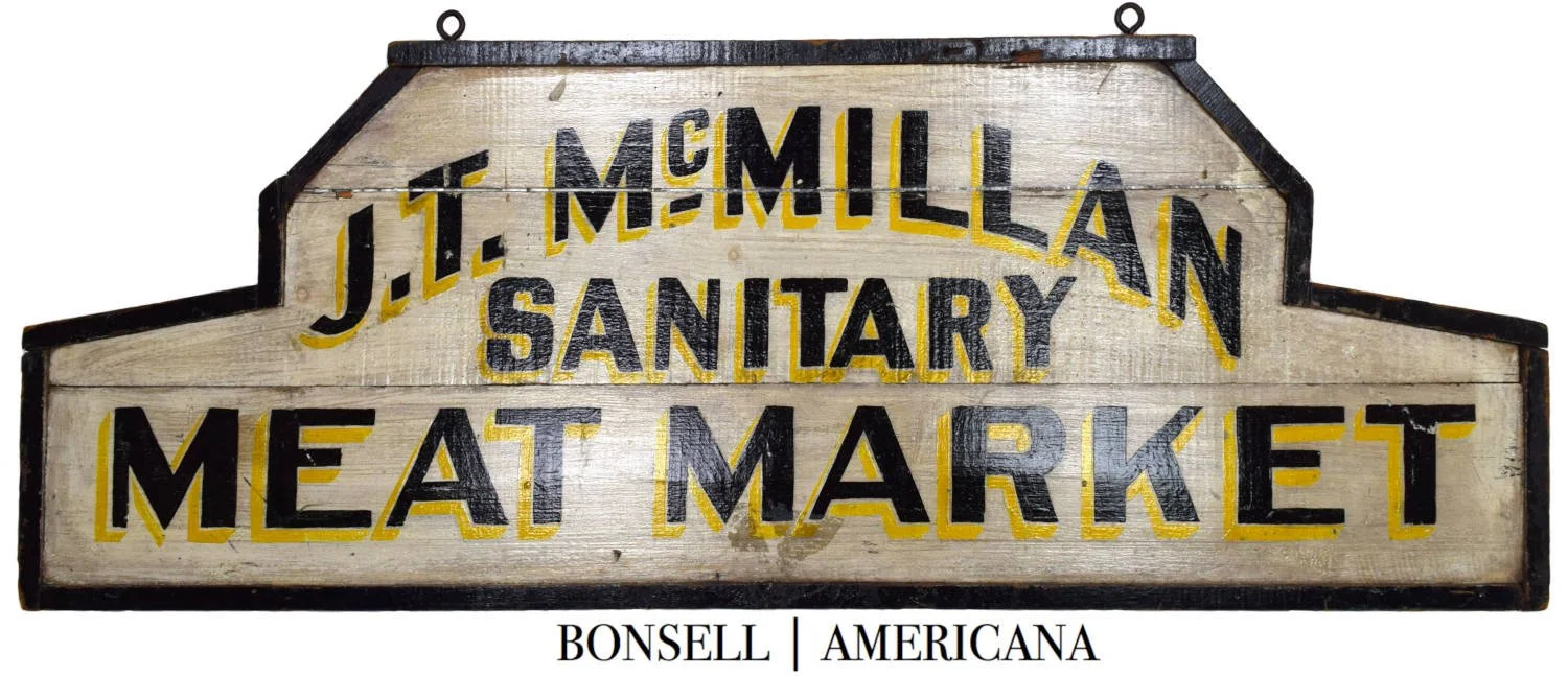 Attractive and Folksy J.T. McMillan Sanitary Meat Market Trade Sign | Circa 1900-1930