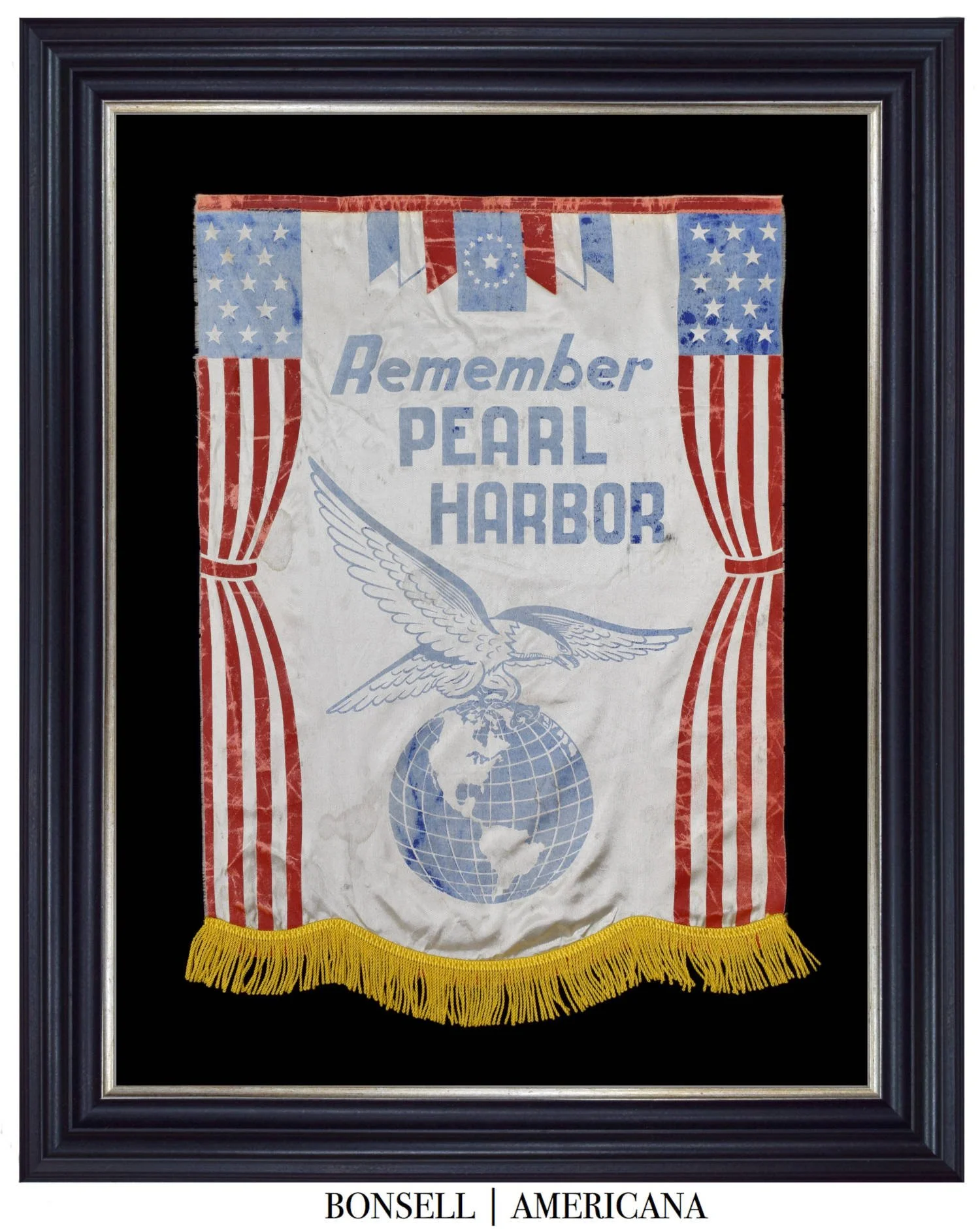 Antique Remember Pearl Harbor Banner | Features an Eagle Atop a Globe | Circa 1941-1945
