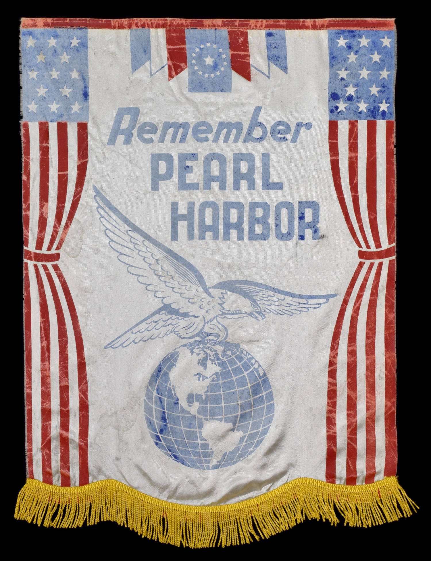 Antique Remember Pearl Harbor Banner | Features an Eagle Atop a Globe | Circa 1941-1945