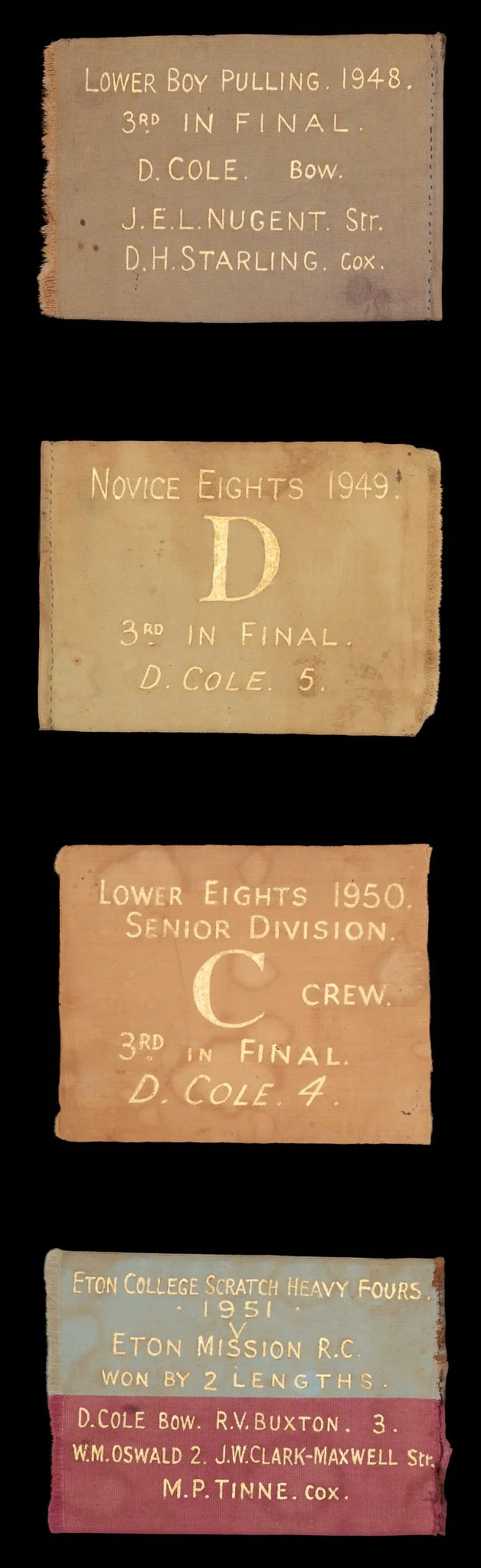 British Schoolboy Rowing Flags | Group of Four Documenting Student D. Cole’s Progression | A Classic Gentleman’s Sporting Relic | Circa 1948–1951