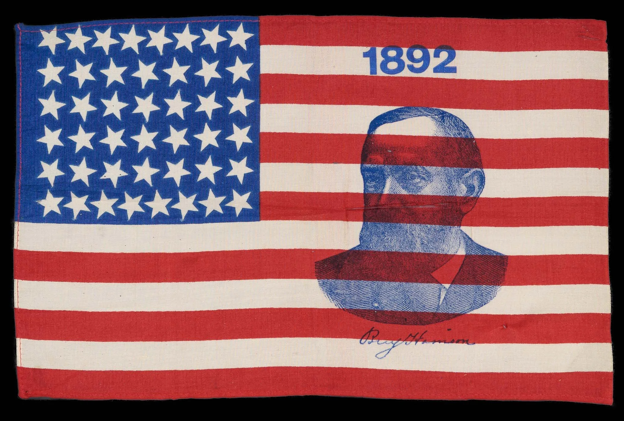 Antique Benjamin Harrison Portrait Campaign Flag with 44 Stars | Wyoming Statehood | Circa 1892