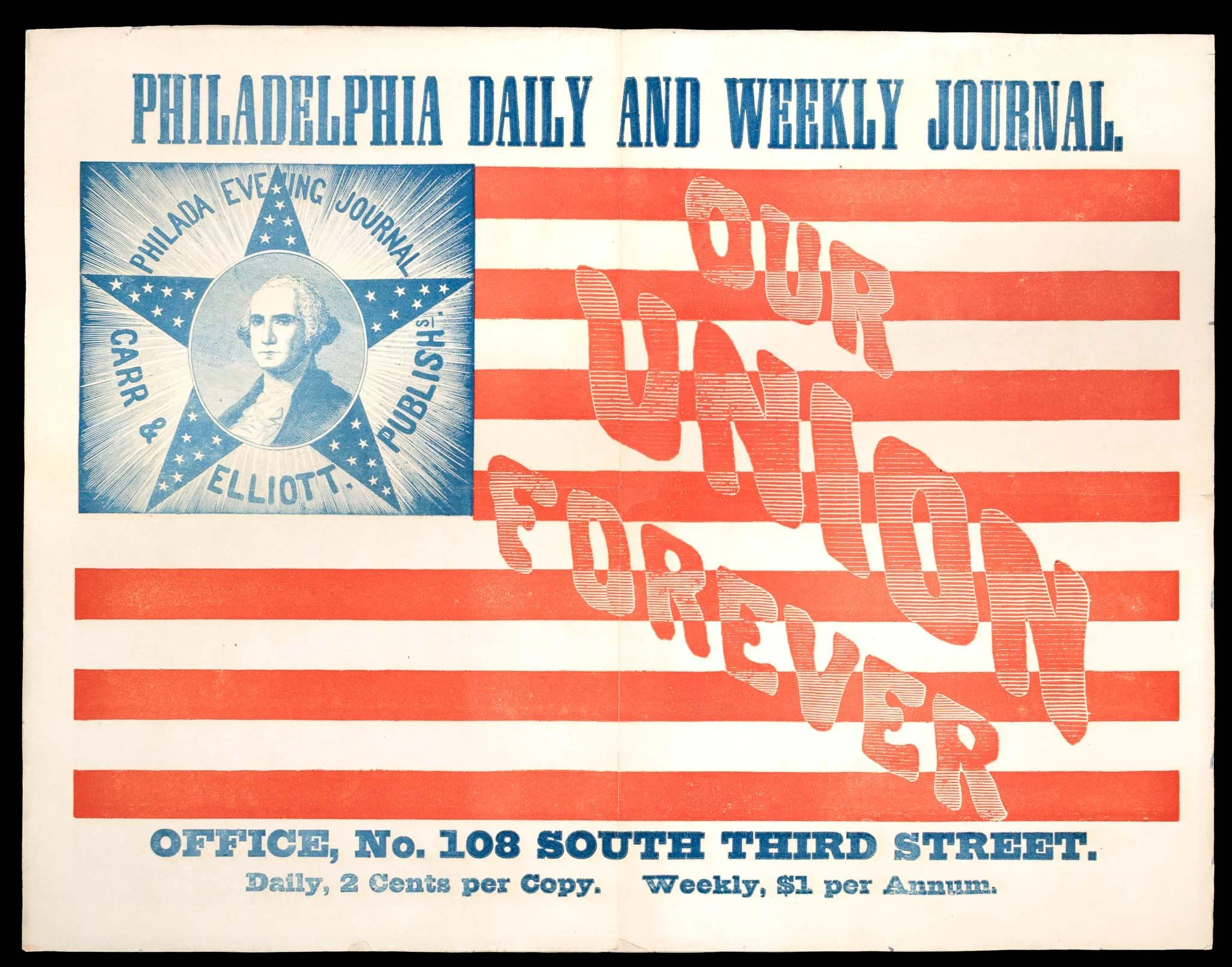 Civil War Patriotic Newspaper Broadside | Philadelphia Daily and Weekly Journal | 34 Star American Flag Format | Circa 1861–1862