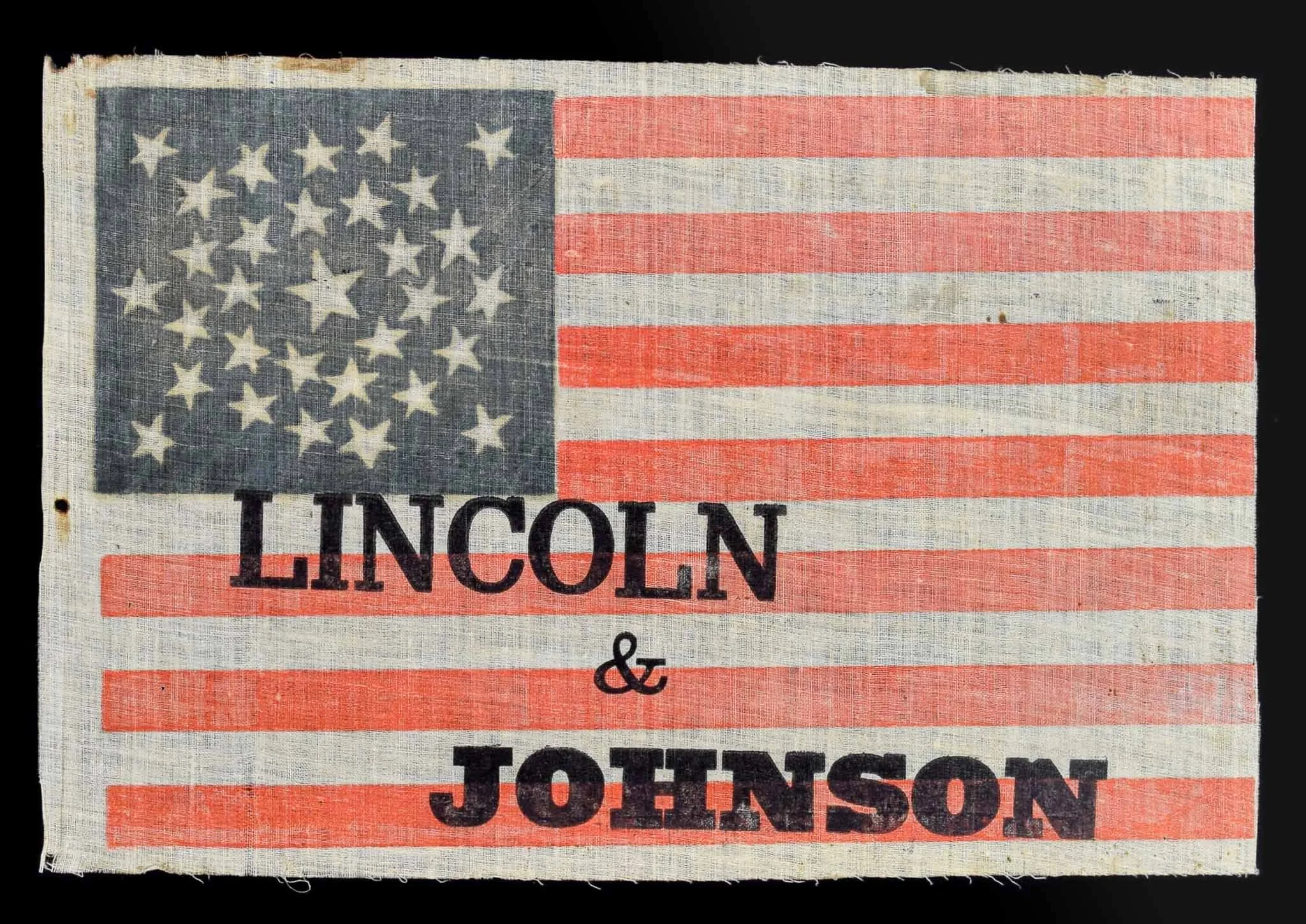 Extraordinary and Important Abraham Lincoln and Andrew Johnson Campaign Flag | One of Two Known and the Only Example in Public Circulation | Circa 1864