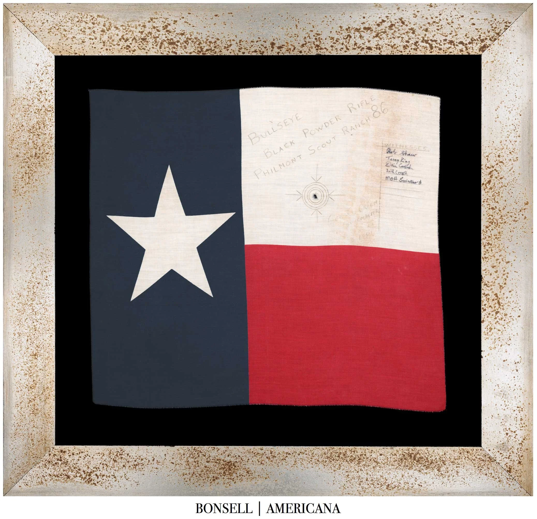 Unique Texas Flag with Hand-Drawn Bullseye and Centered Bullet Hole | Philmont Scout Ranch Black Powder Rifle Exercise | Circa 1986