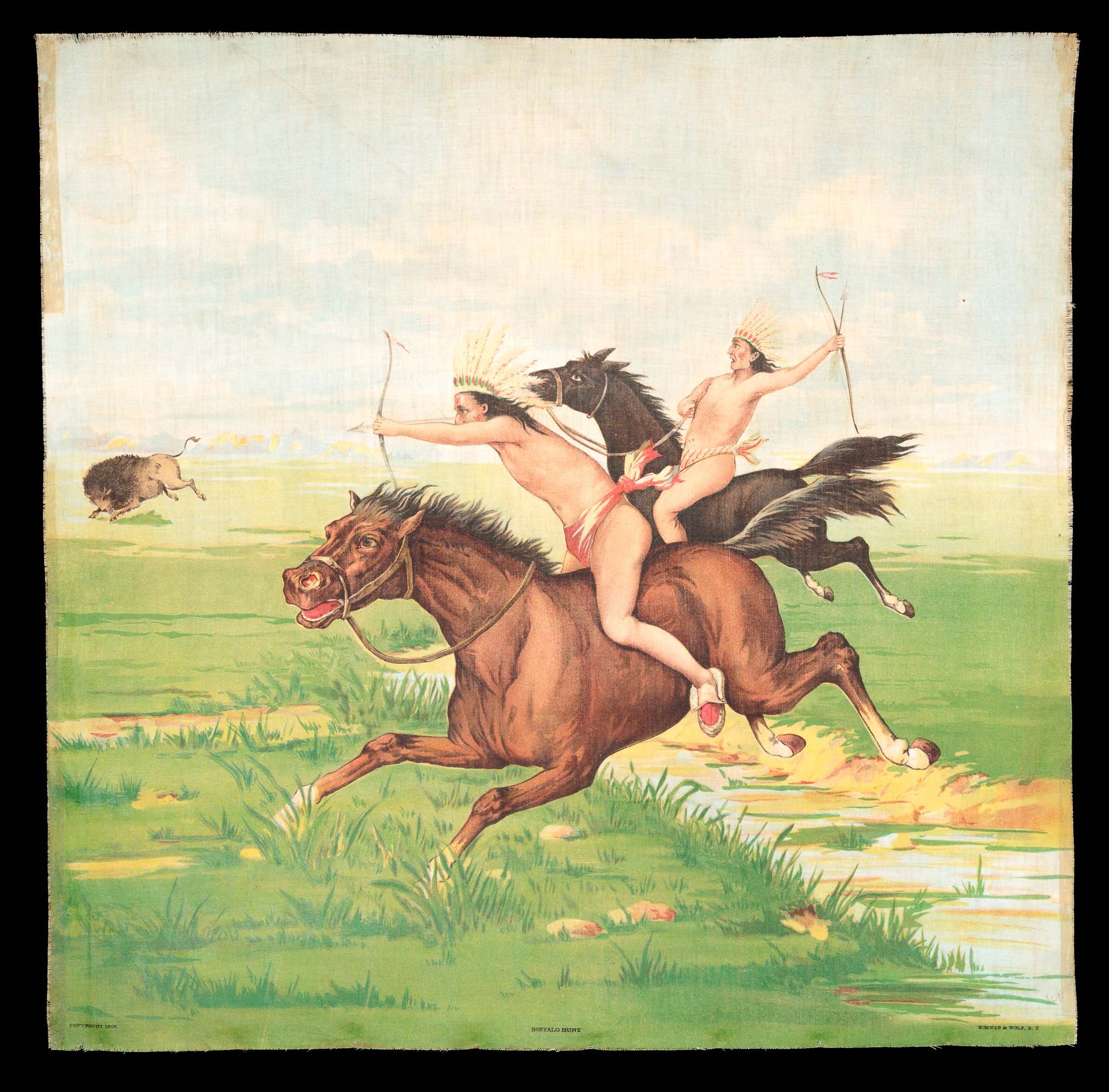 Antique Buffalo Hunt Textile | Made by Schwab & Wolf of New York | Circa 1907