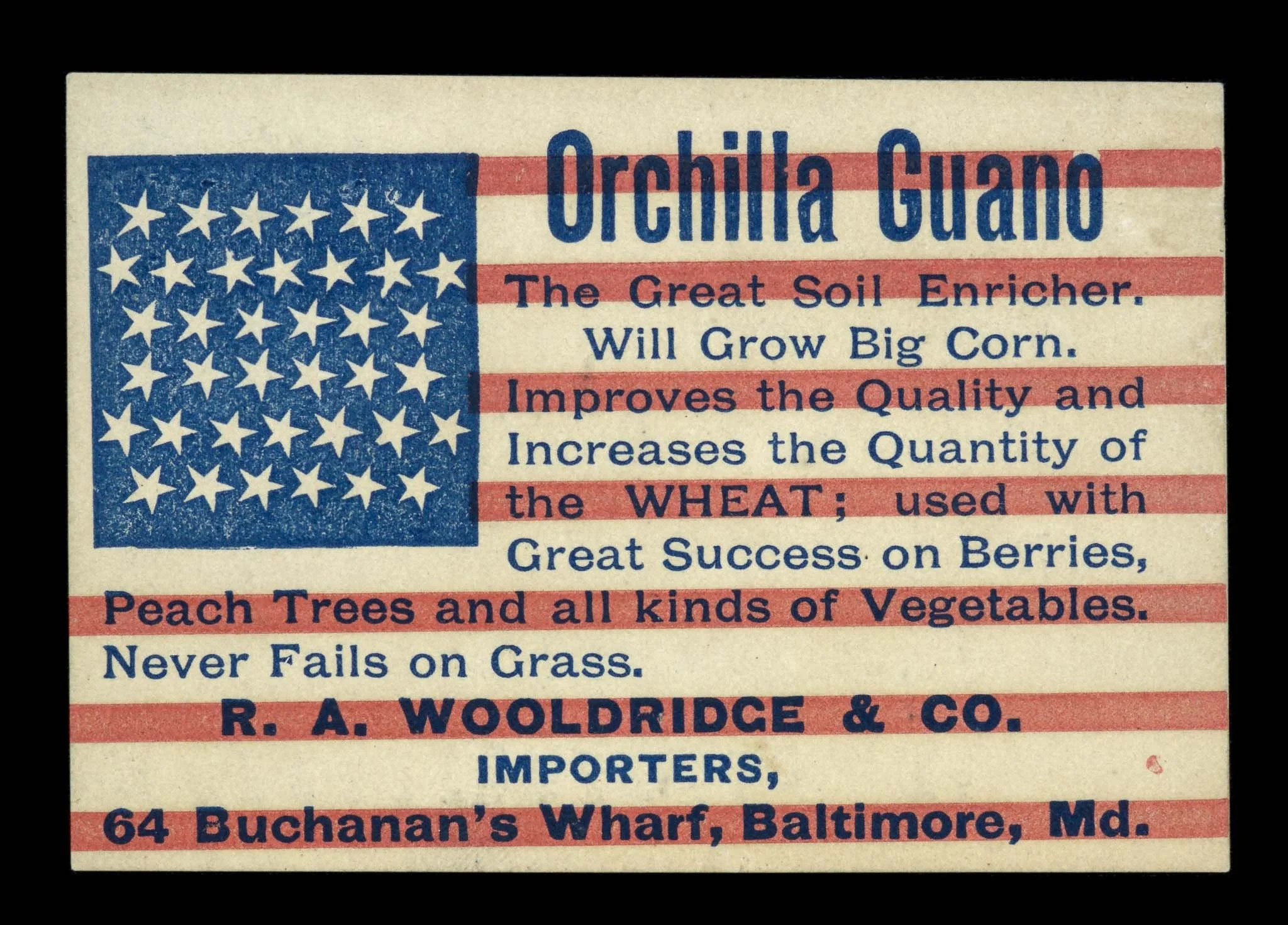 Outstanding 38 Star Trade Card Flag | Made to Promote Orchilla Guano, the Great Soil Enricher | Colorado Statehood | Circa 1876-1889