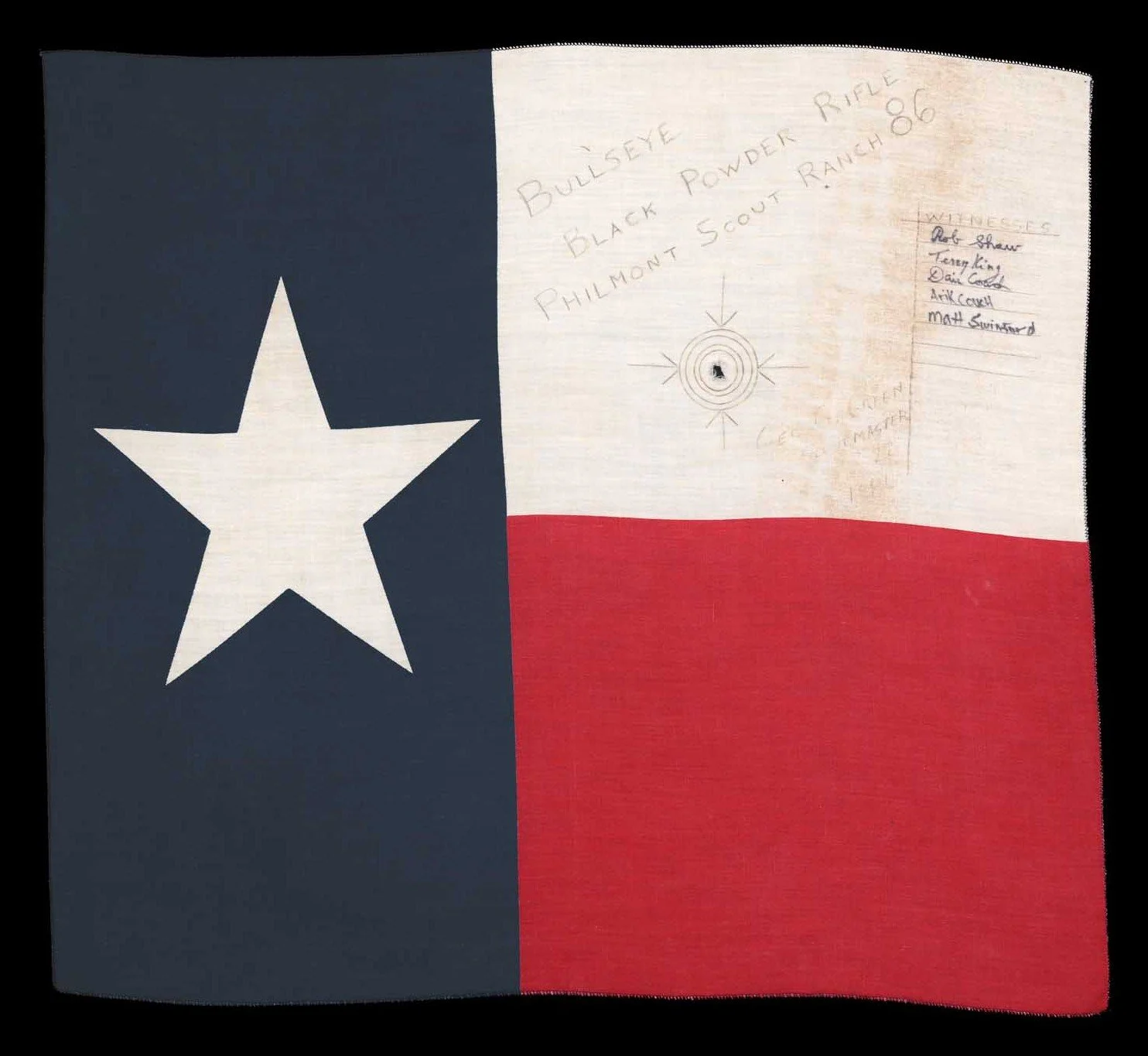 Unique Texas Flag with Hand-Drawn Bullseye and Centered Bullet Hole | Philmont Scout Ranch Black Powder Rifle Exercise | Circa 1986
