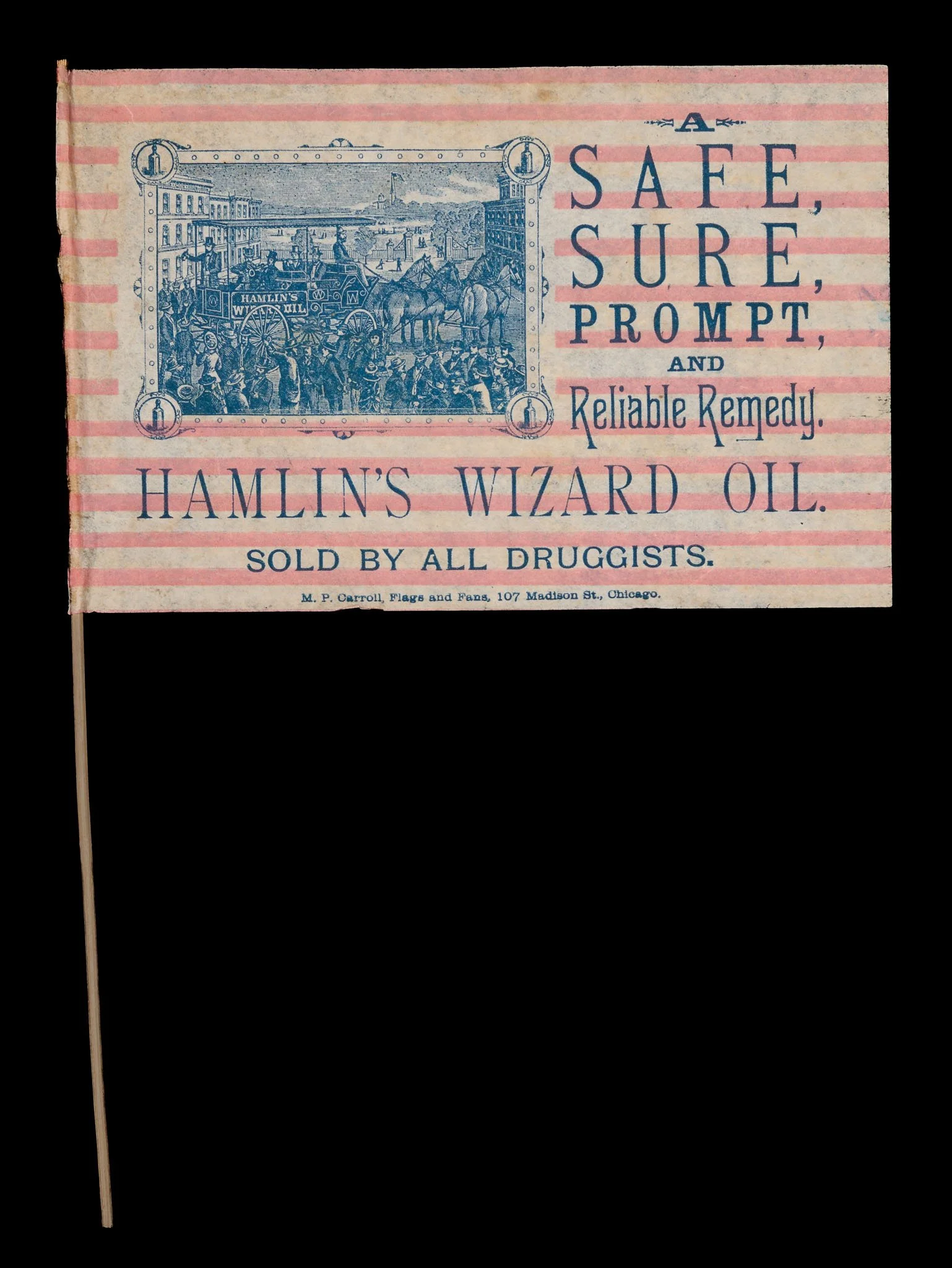 American Flag Form Trade Card, Hamlin’s Wizard Oil | Medicine Show Wagon Canton | M.P. Carroll Imprint | Circa 1880–1890