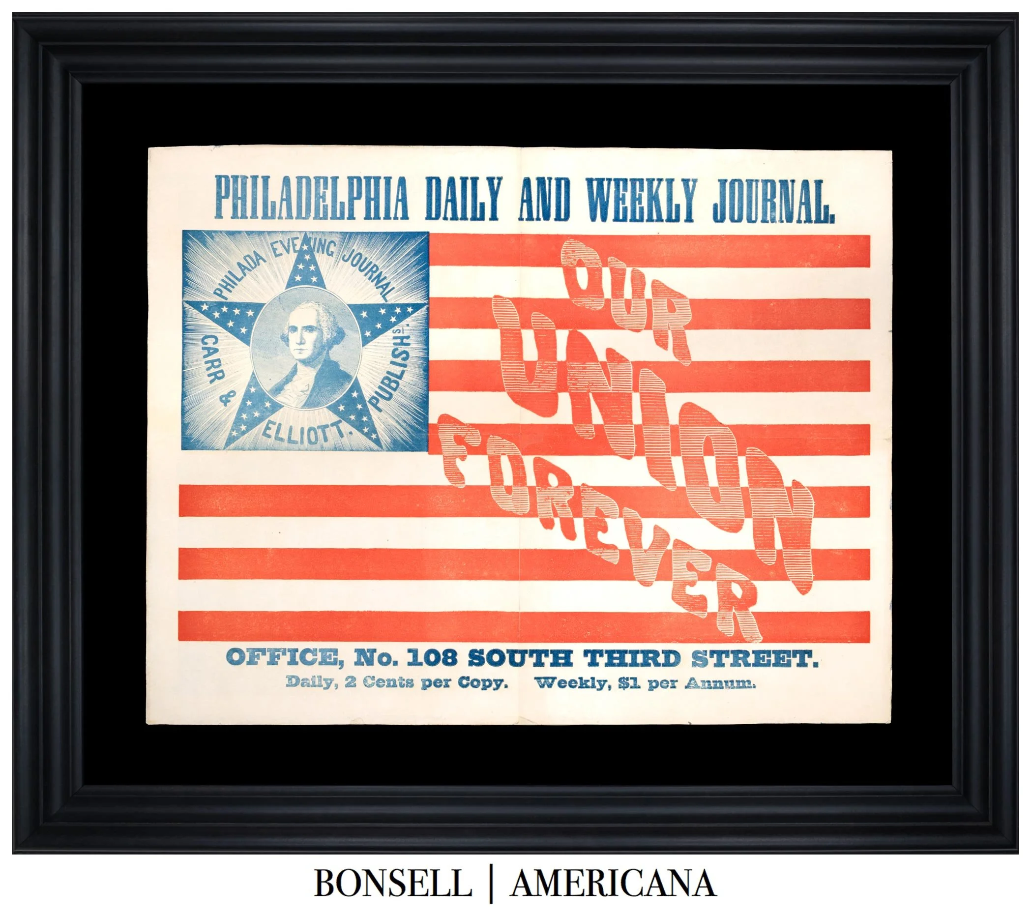 Civil War Patriotic Newspaper Broadside | Philadelphia Daily and Weekly Journal | 34 Star American Flag Format | Circa 1861–1862