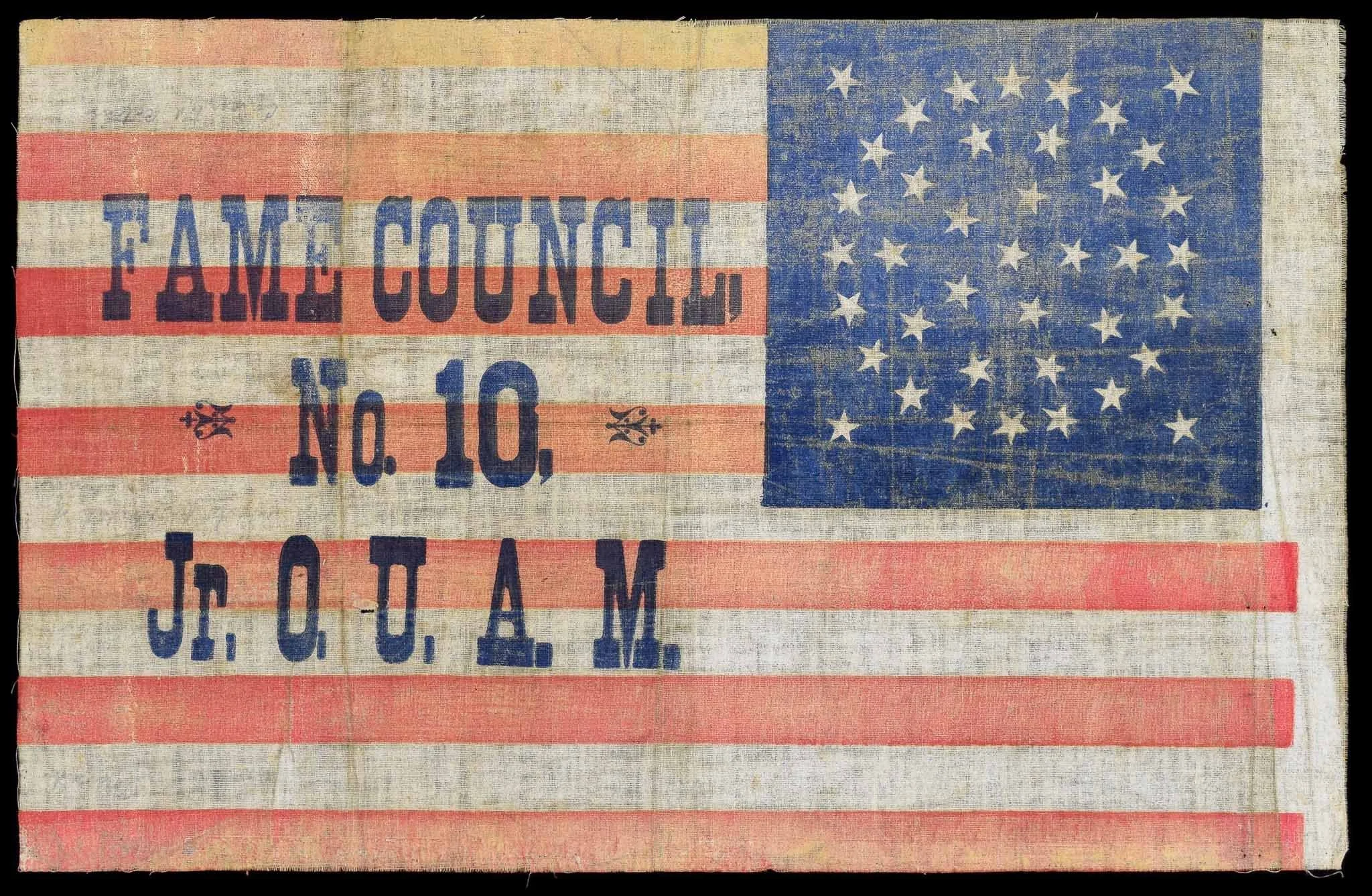 Highly Unusual 40 Star Antique Flag with a Medallion and Junior Order of United American Mechanics Overprint | The First Example We Have Ever Encountered | Circa 1889