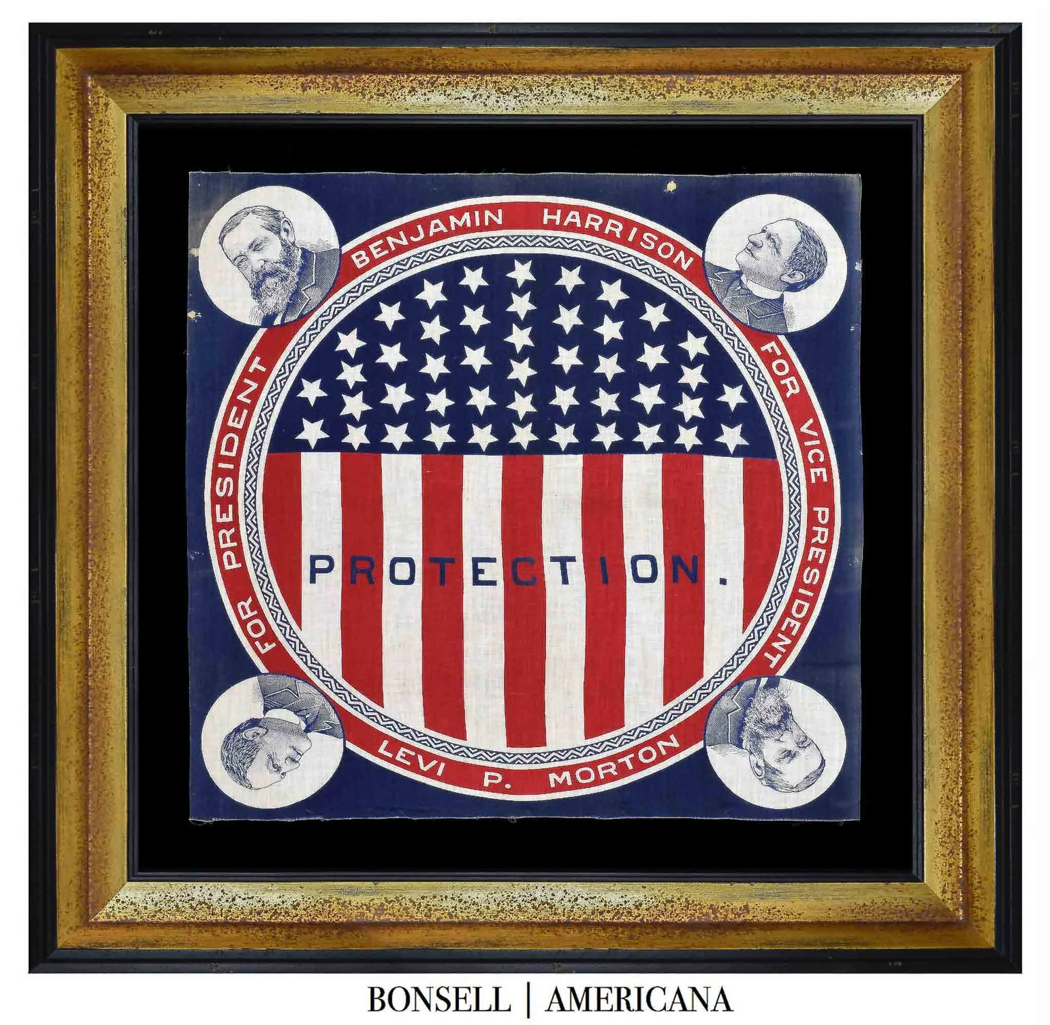 Benjamin Harrison and Levi Morton Campaign Bandanna | Includes a Patriotic Shield and Protection Overprint | Circa 1888