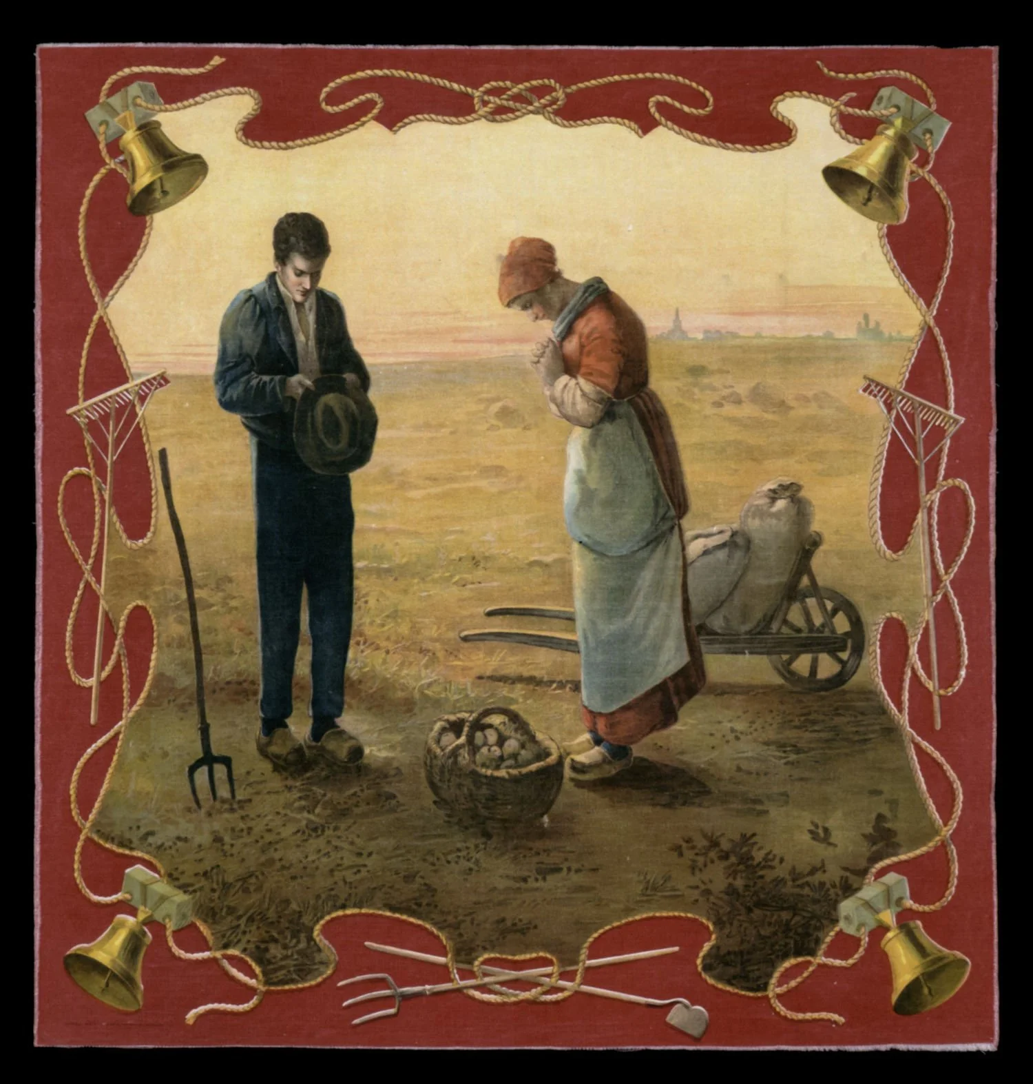Antique Printed Textile Featuring The Angelus by Millet | Farm Life and Devotion | Made by Campbell, Metzger & Jacobson | Circa 1900
