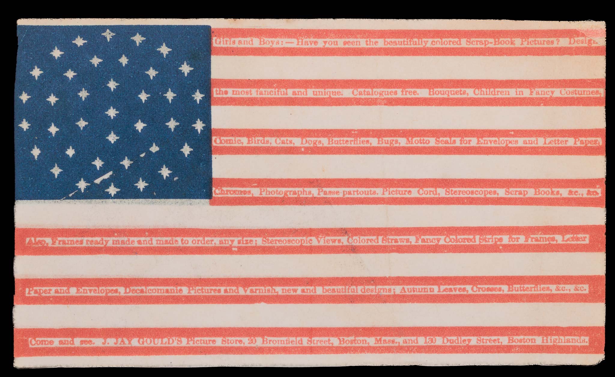 37 Star American Flag Advertising Trade Card | J. Jay Gould’s Picture Store | Unusual Medallion of Stars, Overprint in Red Stripes | Nebraska Statehood | Circa 1867–1876