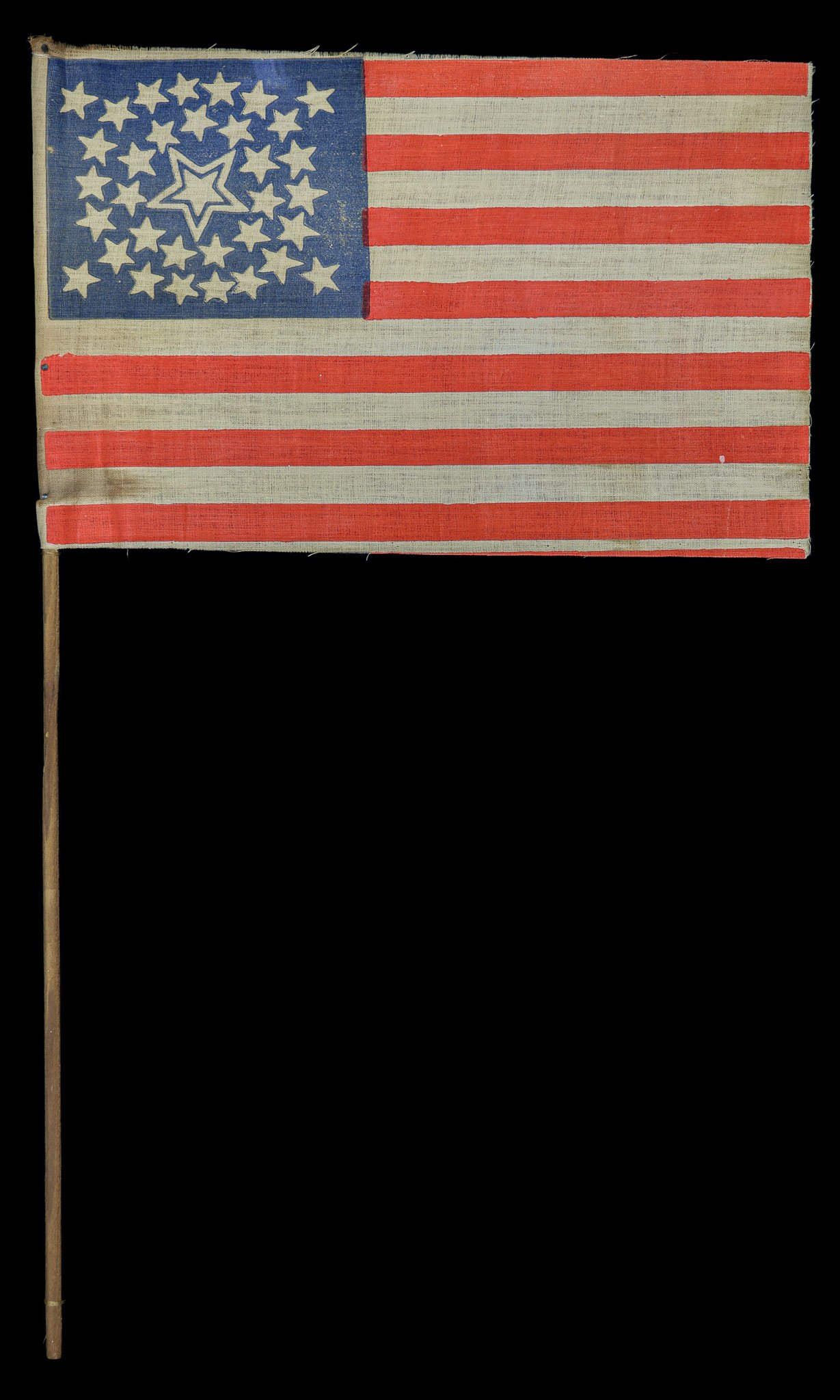 Outstanding 34 Star Antique Flag with a Medallion Star Configuration and Large Haloed Center Star | A Civil War Era Example | Circa 1861-1863