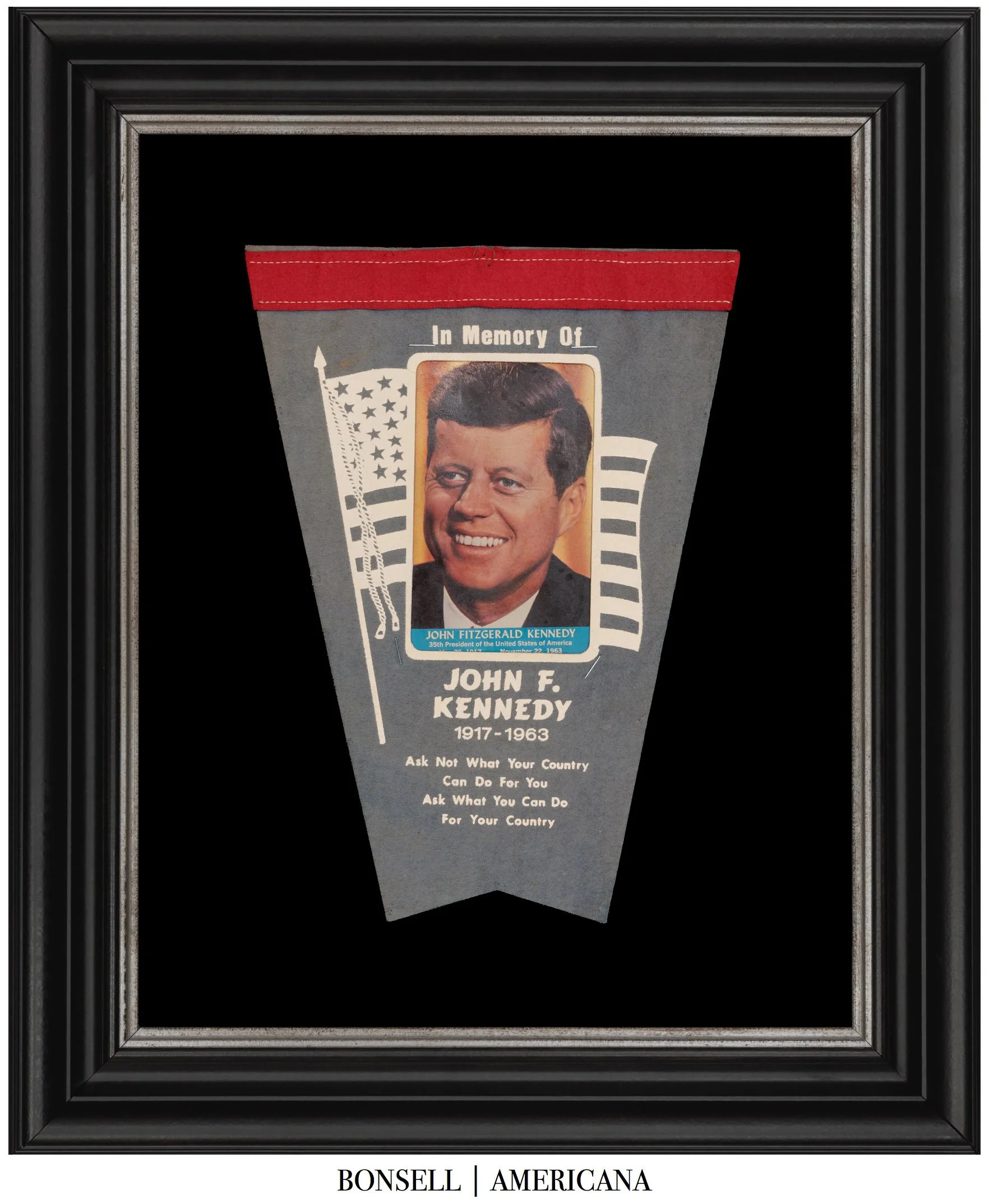 John F. Kennedy Memorial Felt Pennant | Patriotic American Flag Design with Photographic Portrait | Circa 1963