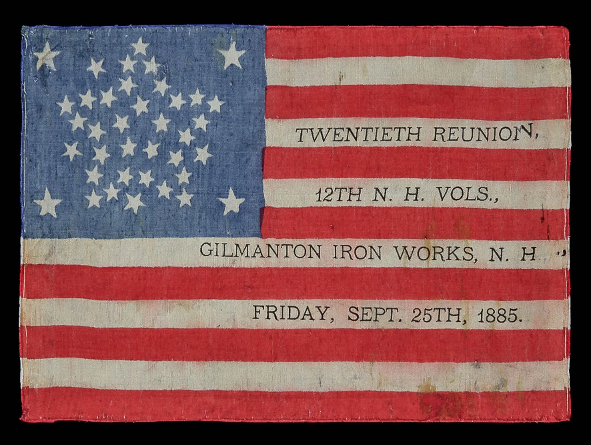 Rare 38 Star Civil War Veteran Flag with Great Star Pattern and 12th New Hampshire Infantry Reunion Overprint | Colorado Statehood | Circa 1885