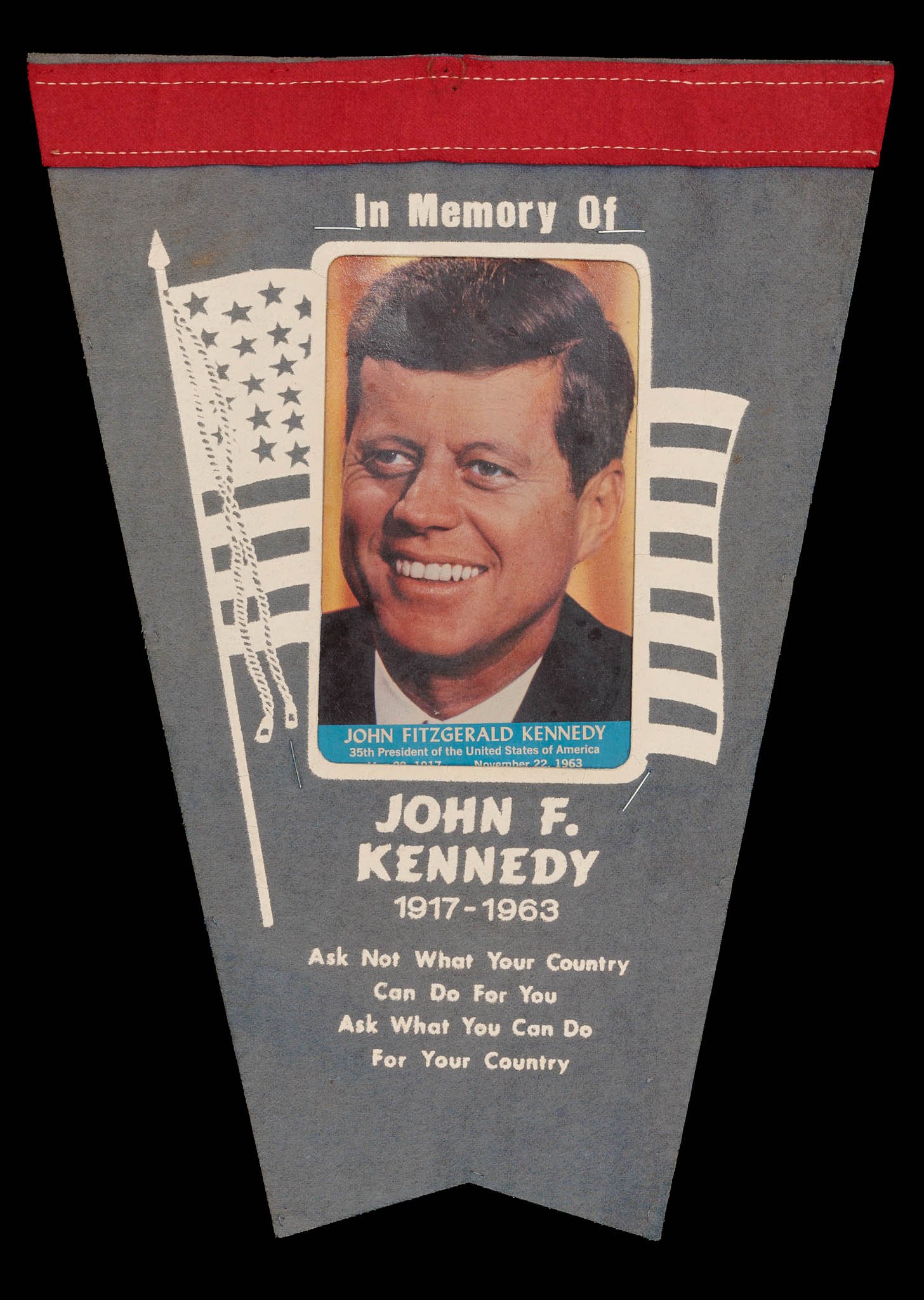 John F. Kennedy Memorial Felt Pennant | Patriotic American Flag Design with Photographic Portrait | Circa 1963
