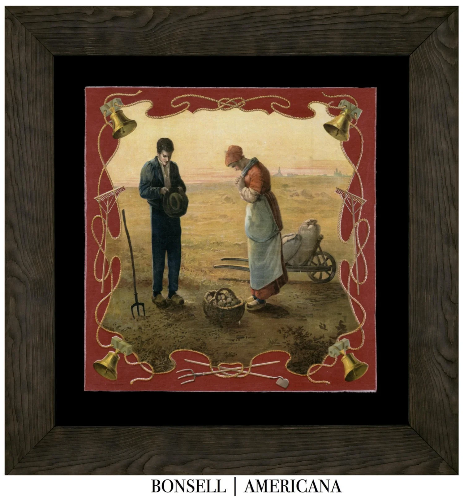 Antique Printed Textile Featuring The Angelus by Millet | Farm Life and Devotion | Made by Campbell, Metzger & Jacobson | Circa 1900