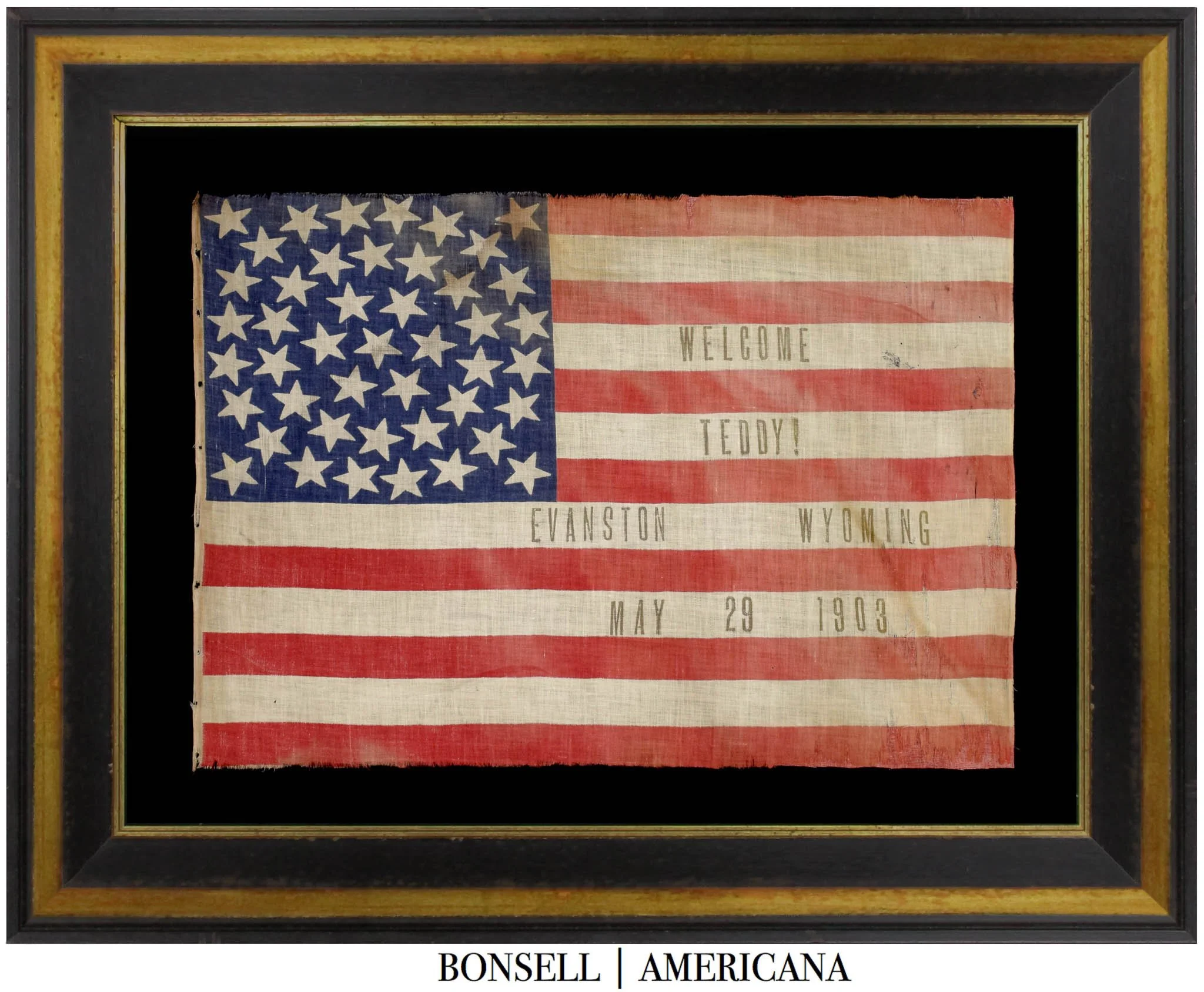 45 Star Antique American Flag with a Medallion Configuration | Made to Welcome President Roosevelt to Evanston, Wyoming | The Only Example We Have Encountered | Circa 1903