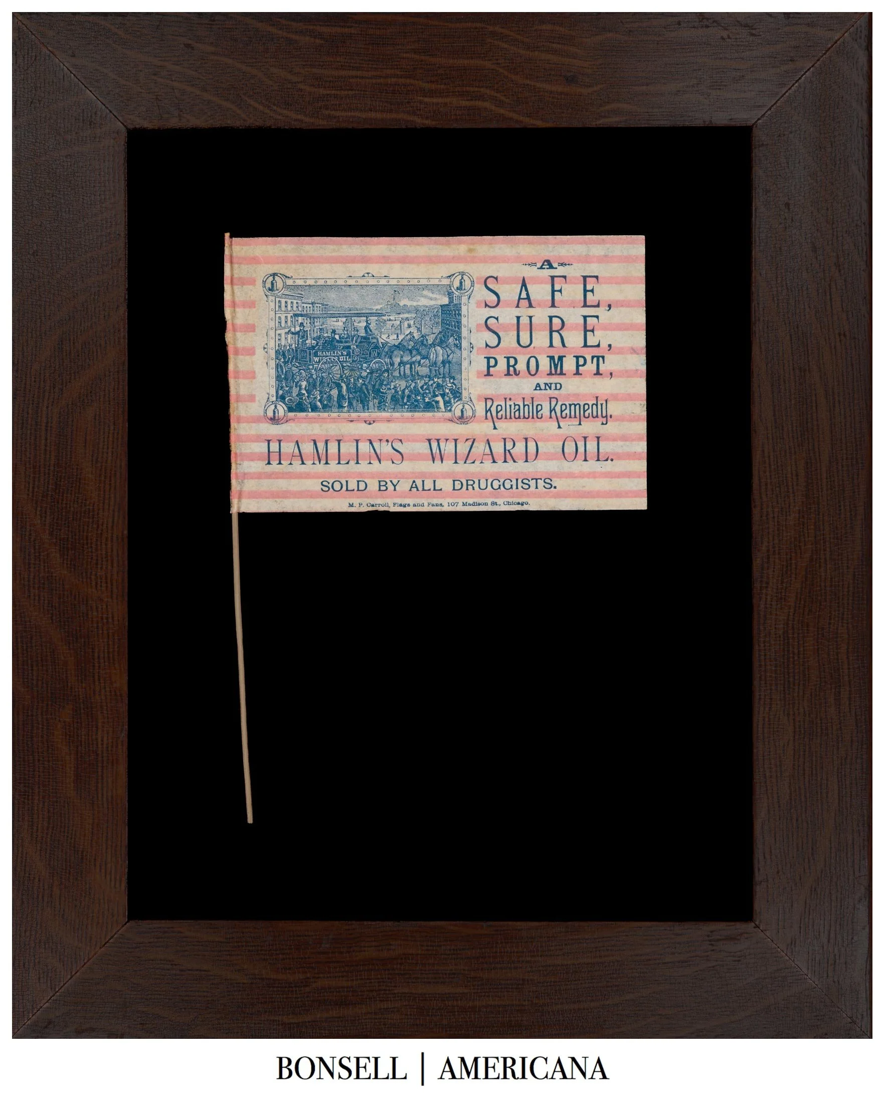 American Flag Form Trade Card, Hamlin’s Wizard Oil | Medicine Show Wagon Canton | M.P. Carroll Imprint | Circa 1880–1890