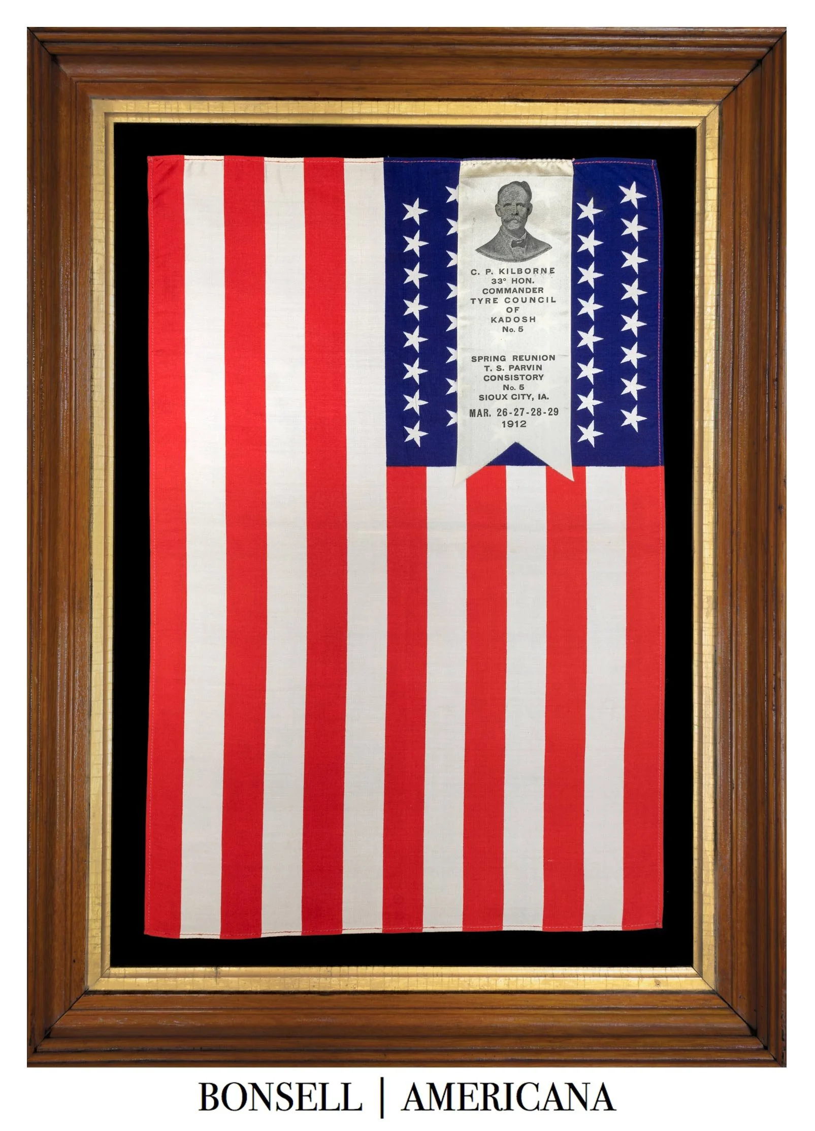 48 Star Antique Flag with Freemasons Ribbon Mounted Thereto | Arizona Statehood | Circa 1912