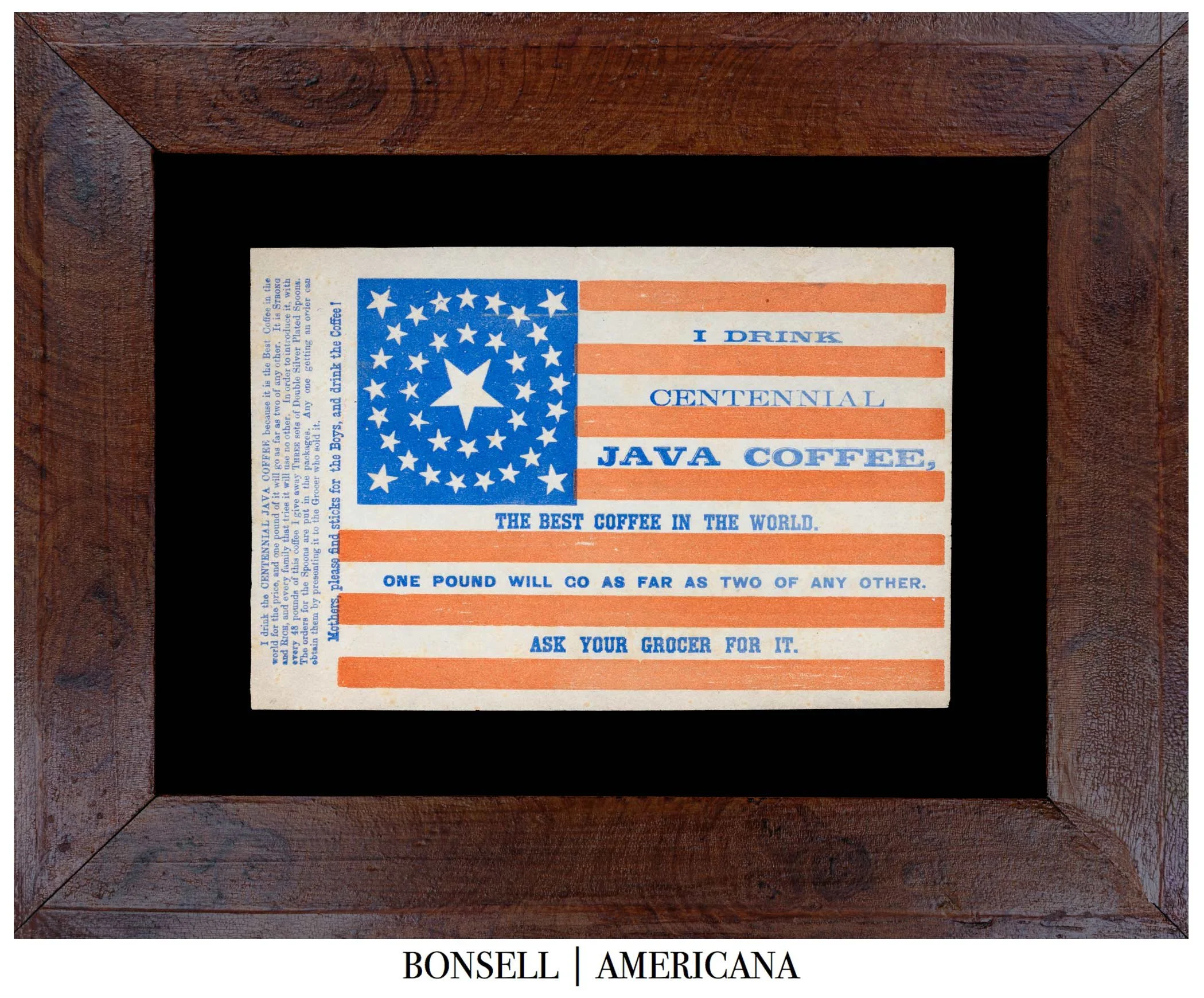 Exceptional 38 Star American Flag Trade Card | Centennial Java Coffee | Oversized Format | Medallion with Large Center Star | Colorado Statehood | Circa 1876–1890