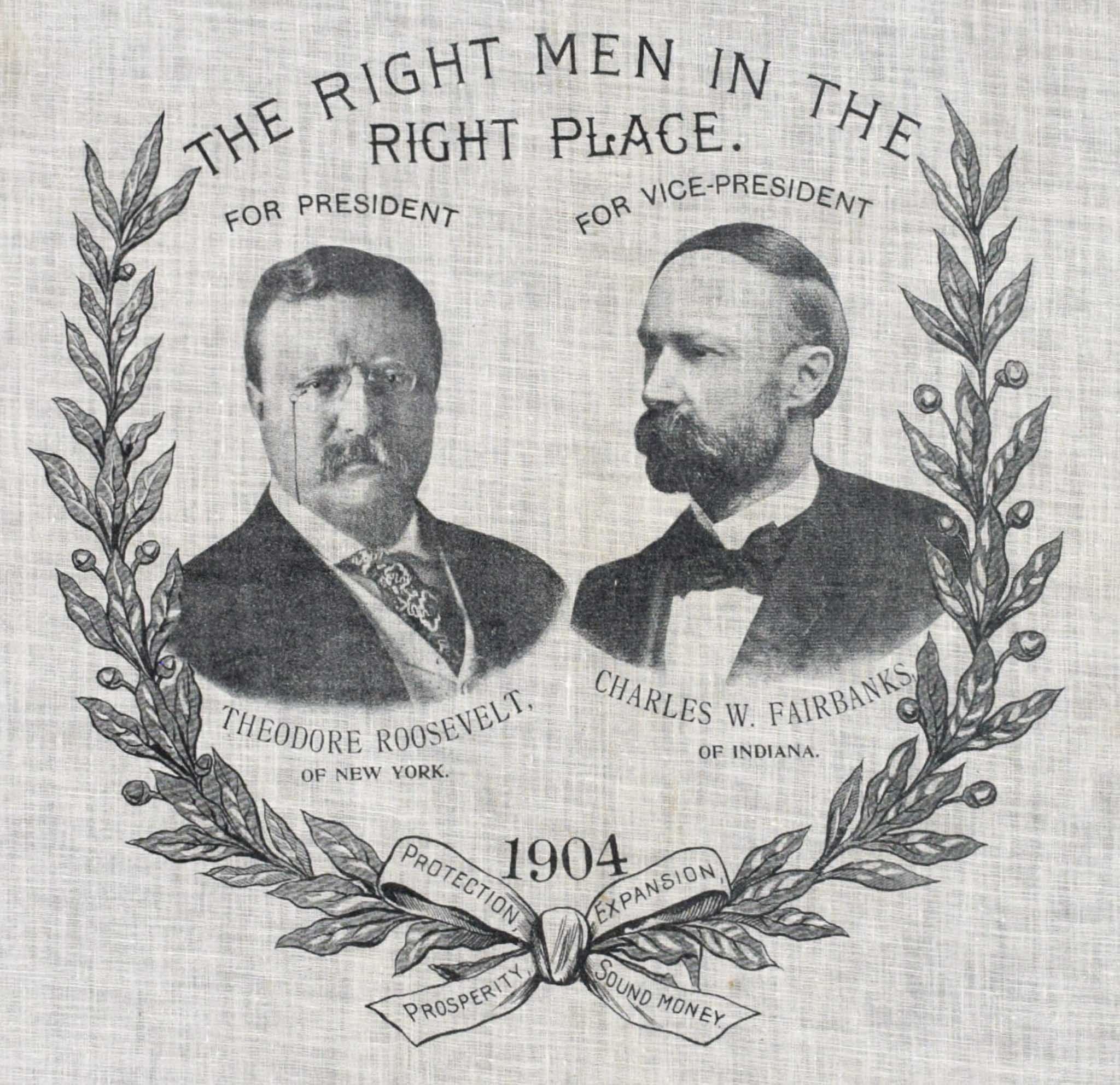 Unusual Roosevelt and Fairbanks Campaign Bandanna | The Right Men in the Right Place | Circa 1904