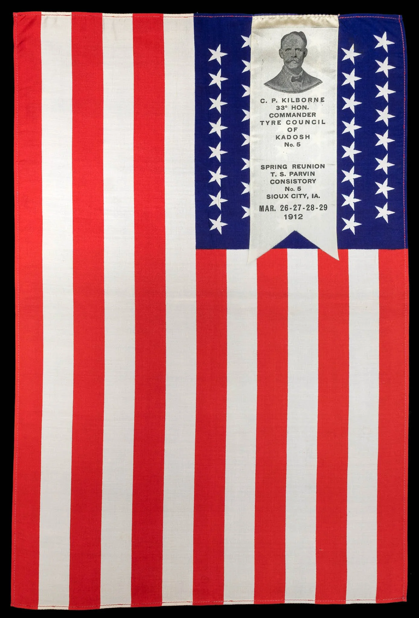 48 Star Antique Flag with Freemasons Ribbon Mounted Thereto | Arizona Statehood | Circa 1912