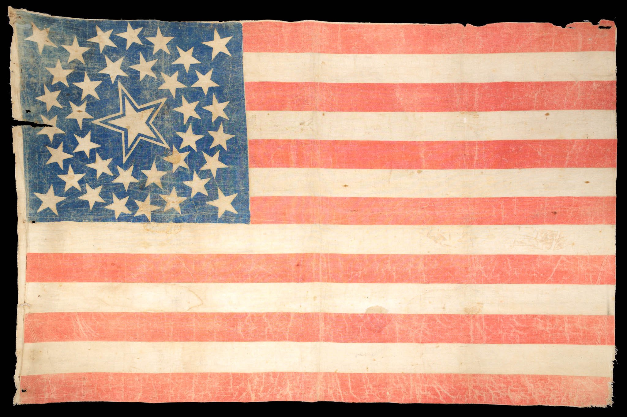 Exceptional Large-Scale 36-Star Antique American Flag with Haloed Medallion | Descended in the Family of Union Veteran Elon Nelson Lee | Nevada Statehood | Circa 1865–1867