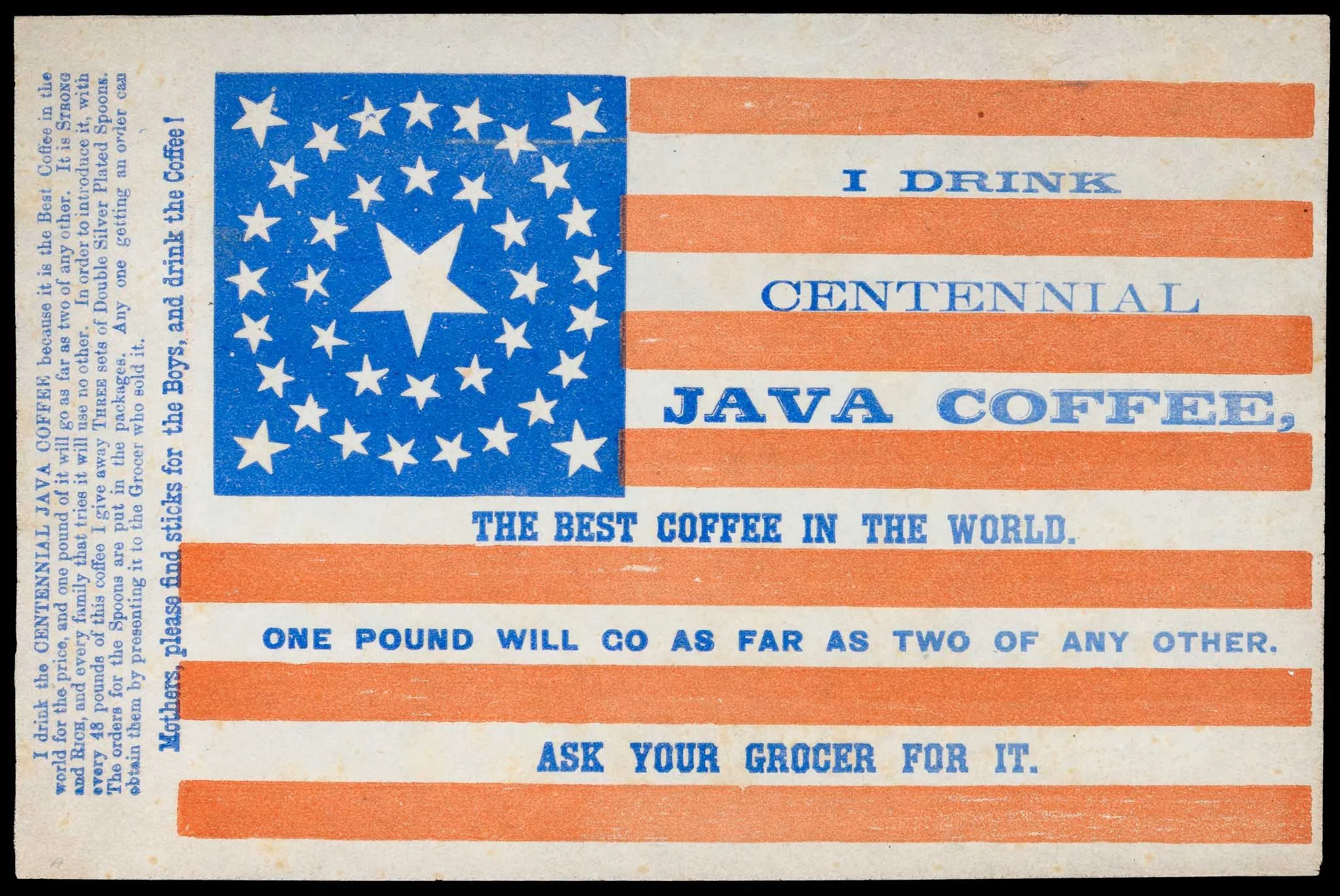 Exceptional 38 Star American Flag Trade Card | Centennial Java Coffee | Oversized Format | Medallion with Large Center Star | Colorado Statehood | Circa 1876–1890