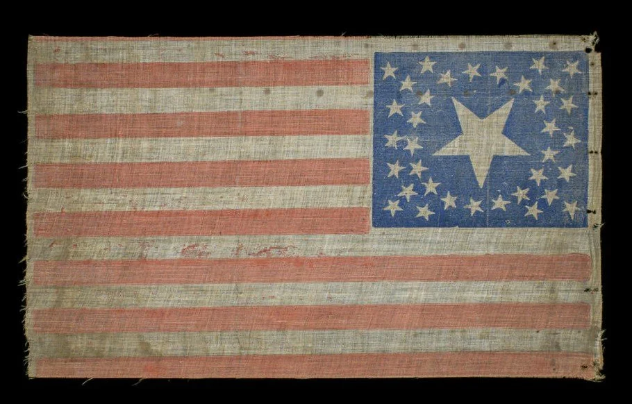 36 Star Antique American Flag with a Massive Center Star and Distinct Parenthesis Pattern | One of Three Known Examples | Circa 1864–1867