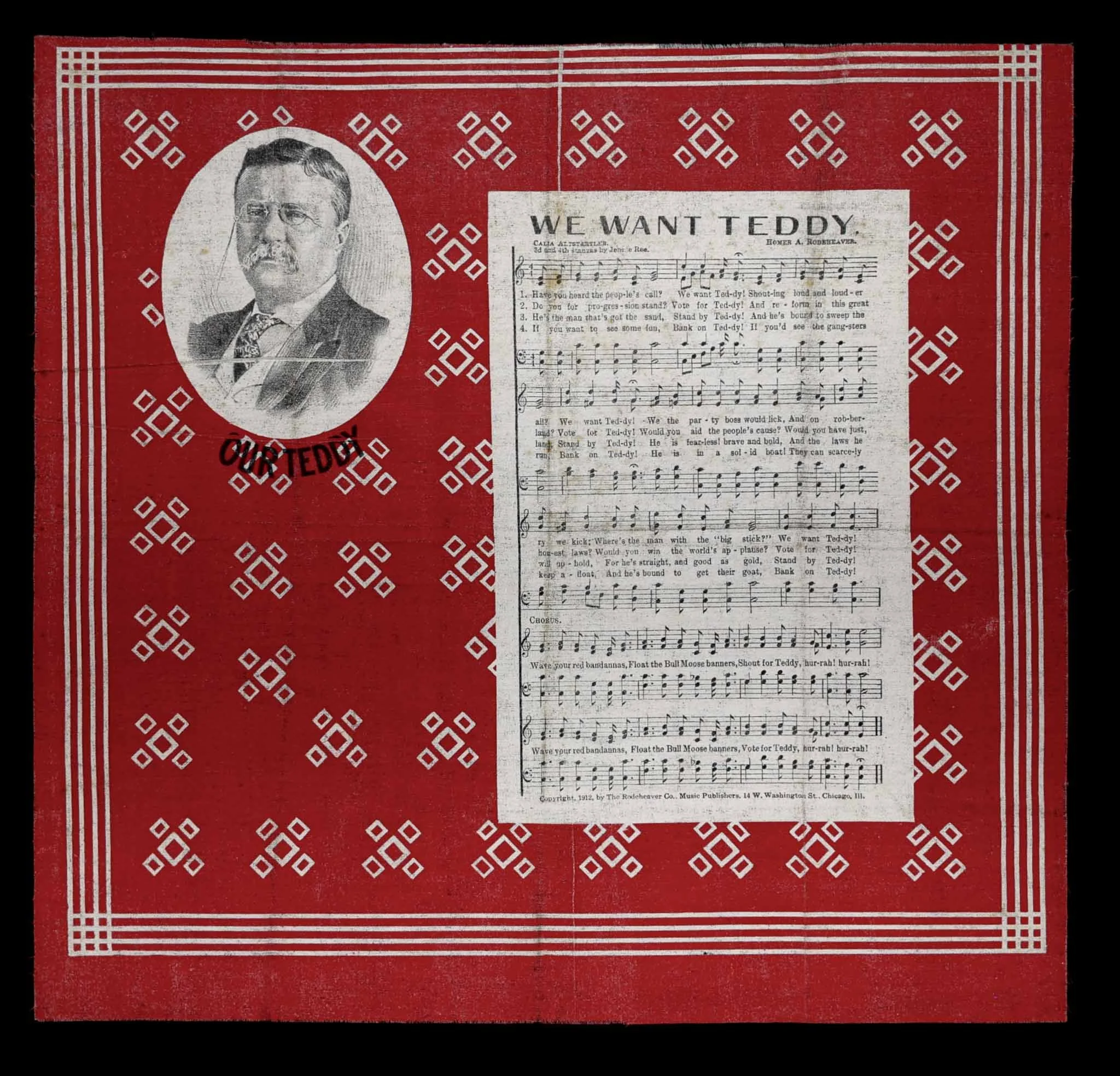 “We Want Teddy” Progressive Party Campaign Kerchief with Music | Bull Moose Movement | Circa 1912