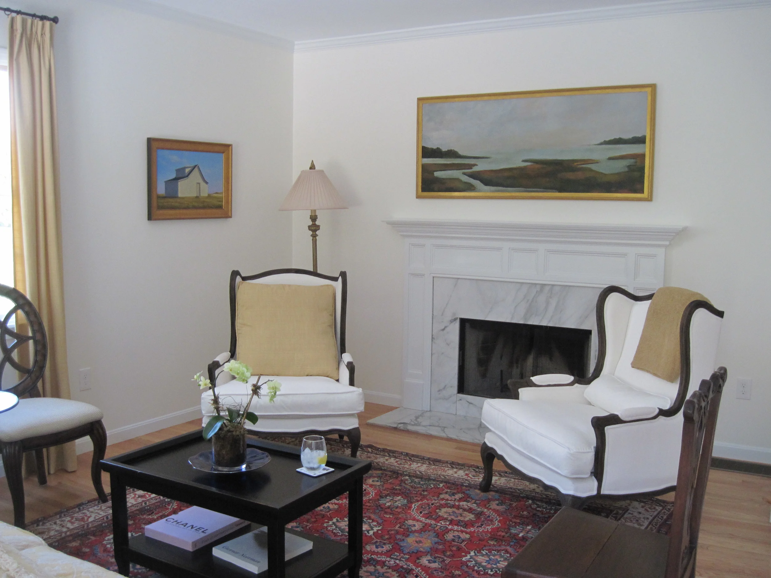  Installation of painting above mantle  Artist: Morgan Dyer 