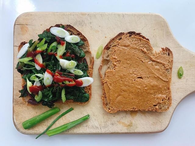 New favorite sandwich: thanks @lukasvolger ! #eatyourgreens #peanutbutter #sriracha #greenonion #sourdough #vegetarian #vegan #sandwich #cookyourbooks