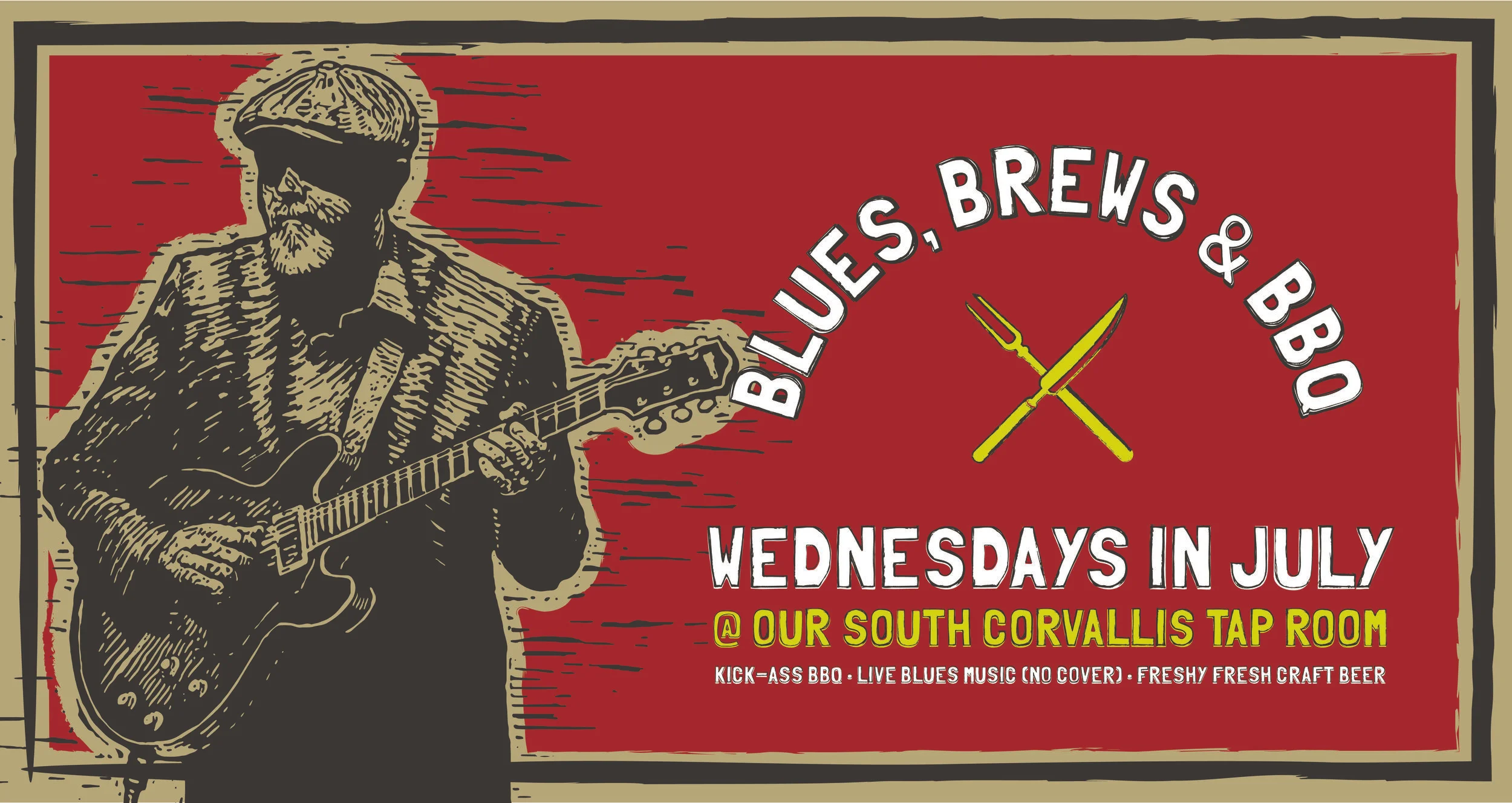 Join us Wednesdays in July for "Blues, Brews & BBQ" at our Tap Room! Enjoy cover-free blues from local musicians, kick-ass BBQ specials, and freshy fresh beer brewed feet from your seat. This Wednesday we welcome Adam Scramstad and feature a special menu of Blueberry Smoked Pork Shoulder and Bourbon Pickles with a side of BBQ Beans, Street Corn and Texas Toast.