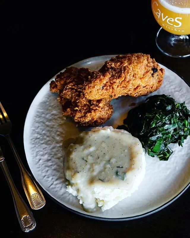 Classic comfort food&mdash;a Sunday tradition at Caves! Buttermilk fried chicken served with mashed potatoes, gravy, and rotating market-fresh vegetables. Offered every Sunday night beginning at 5:30