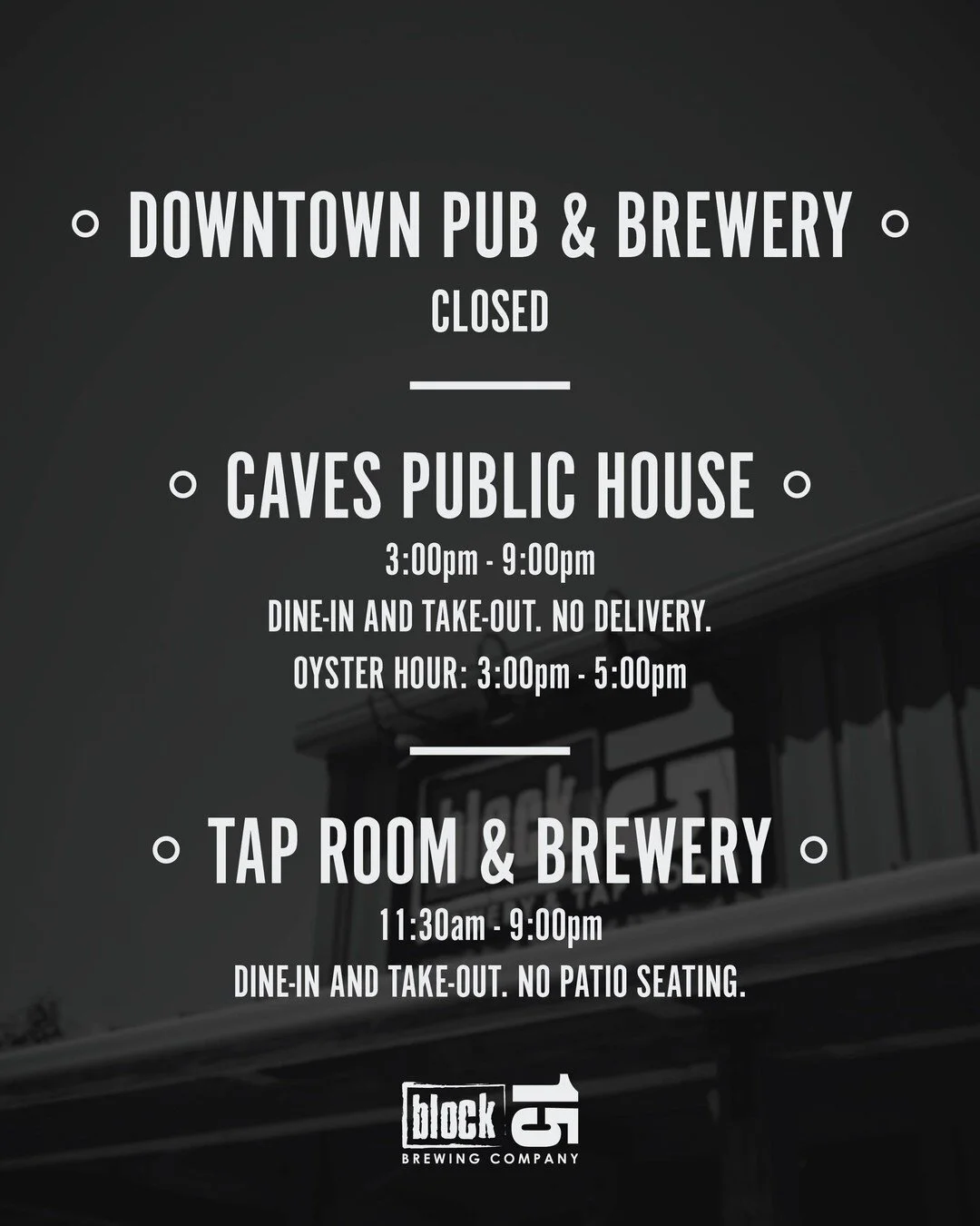 With the continued poor air quality in Corvallis, we&rsquo;ve adjusted a few things for the time being at our locations.

Our downtown pub will remain closed, however, Caves Public House and the Tap Room will be open normal business hours for inside 